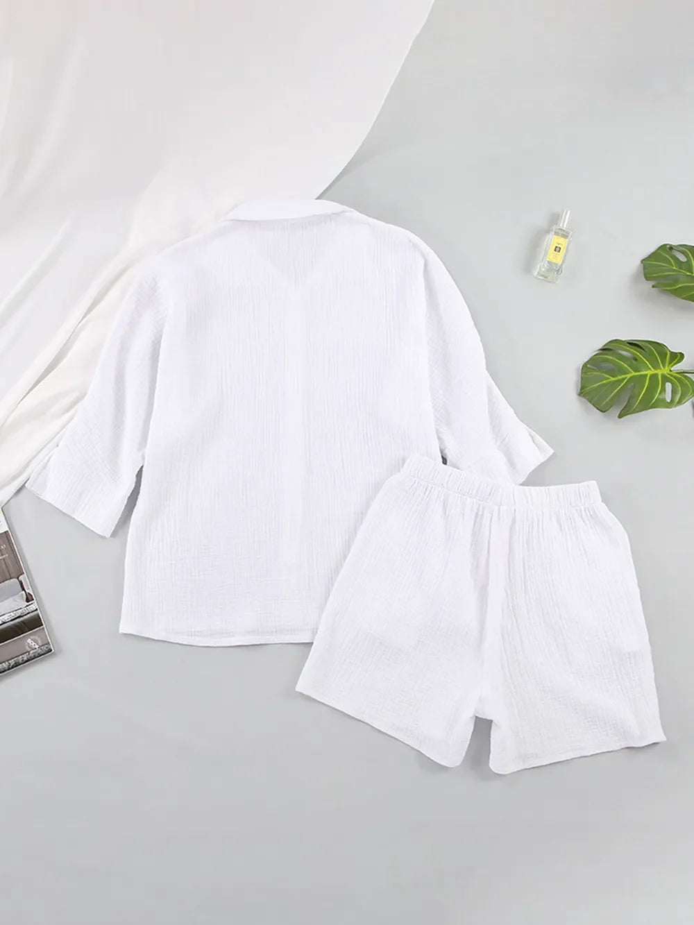 Texture Button Up Shirt and Shorts Set
