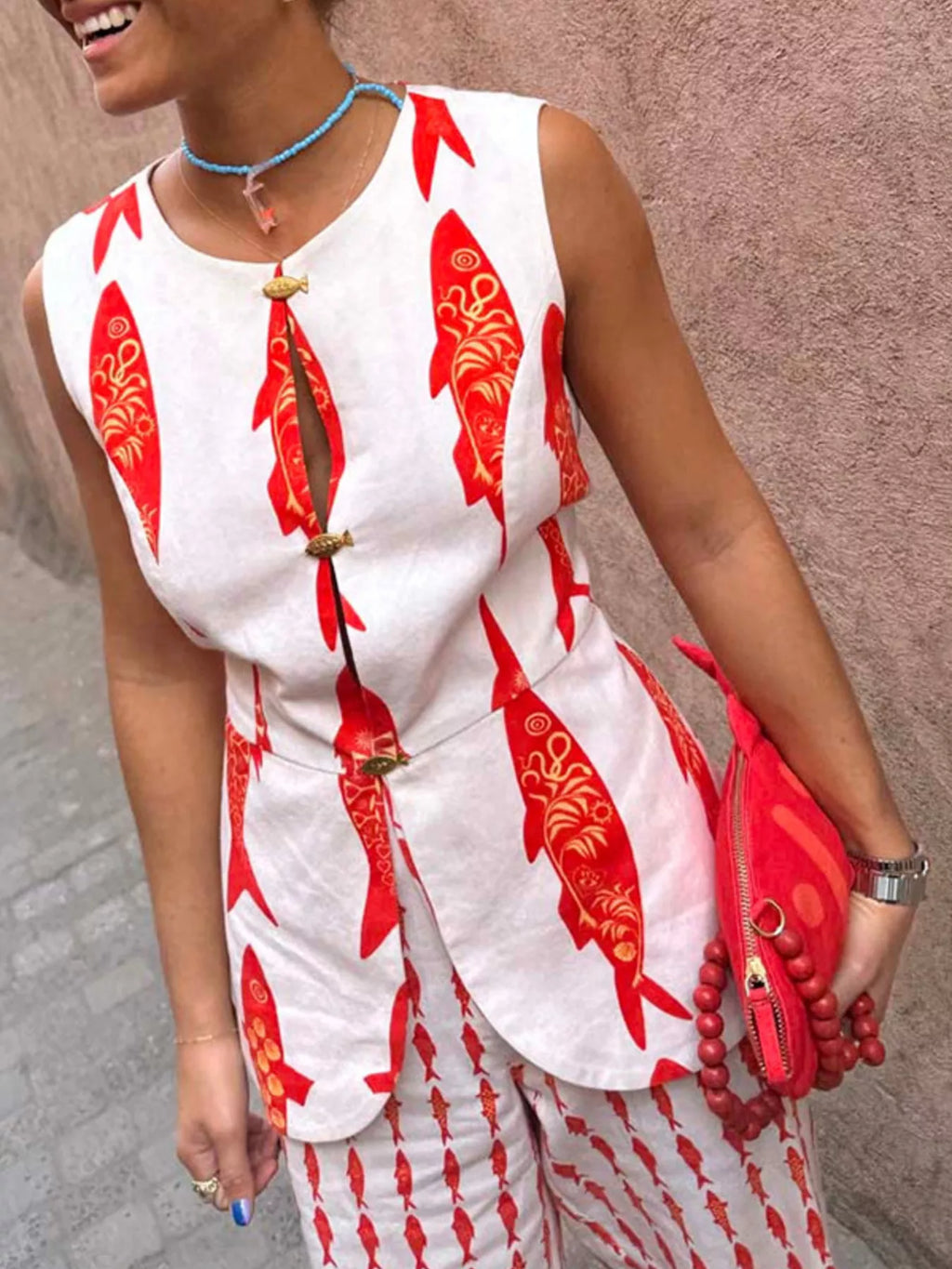 Fish Print Sleeveless Top and Pants Set