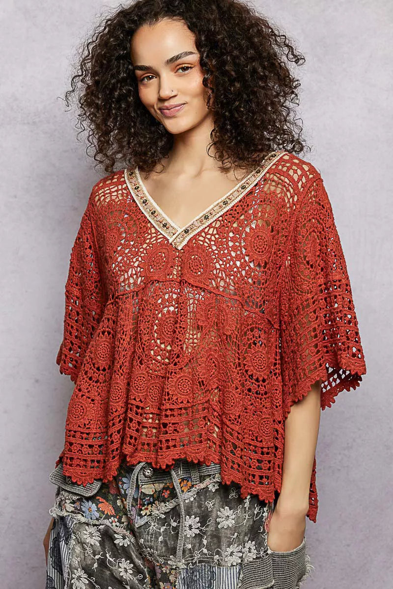 POL V-Neck Crochet Top with Scalloped Hem