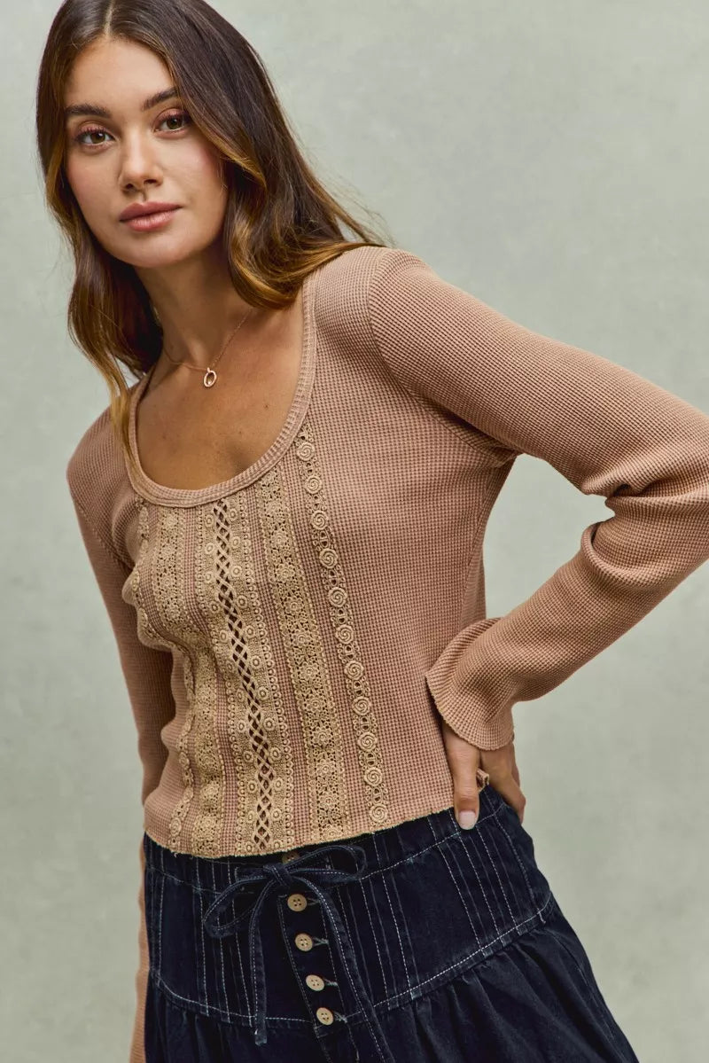 SO ME Vintage Washed Lace Crop Thermal Washed Knit Top