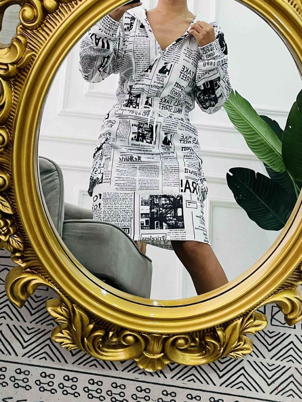 Full Size Drawstring Waist Surplice Printed Dress Plus Size