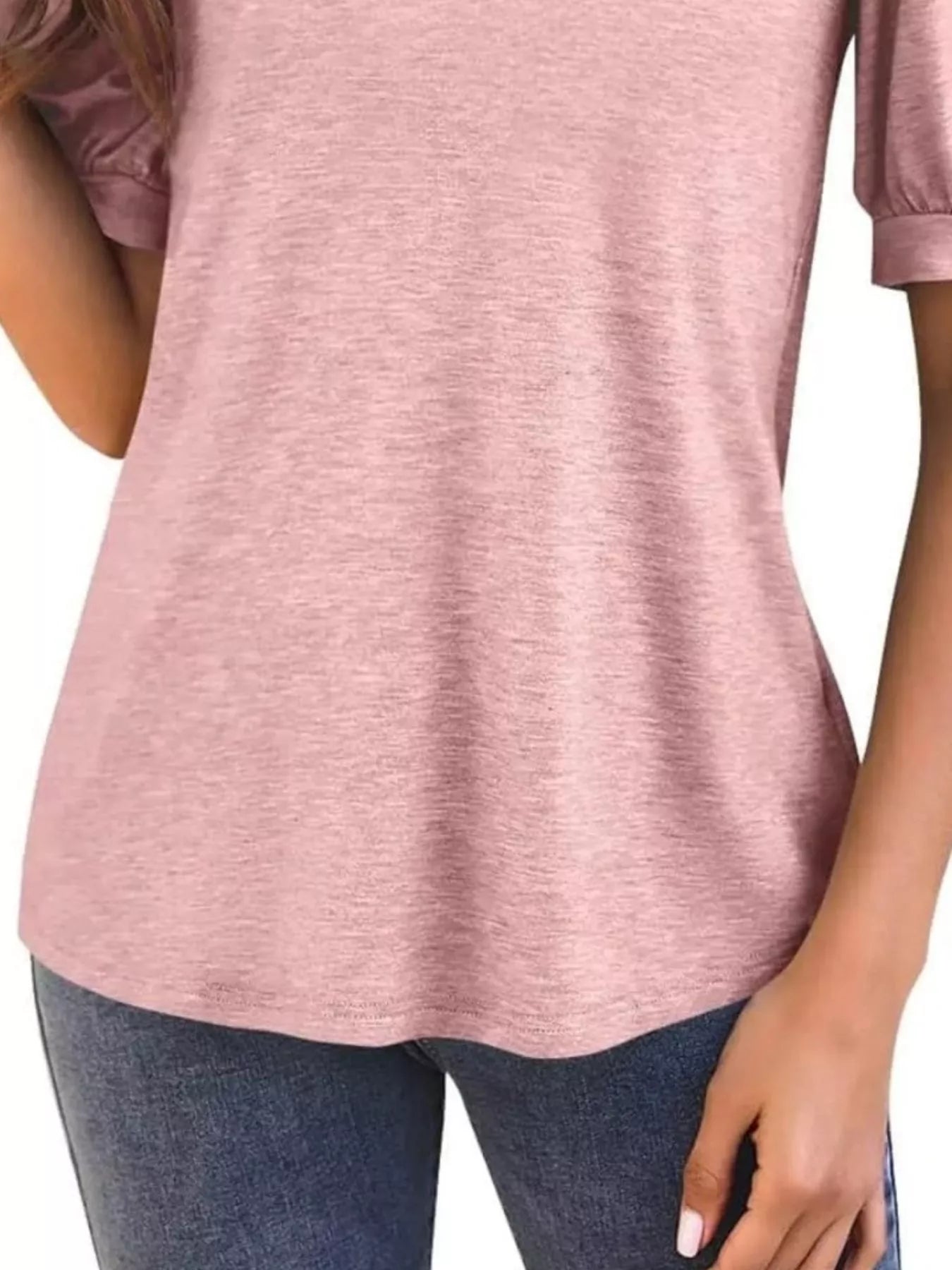 Puff Sleeve Notched Casual T-Shirt