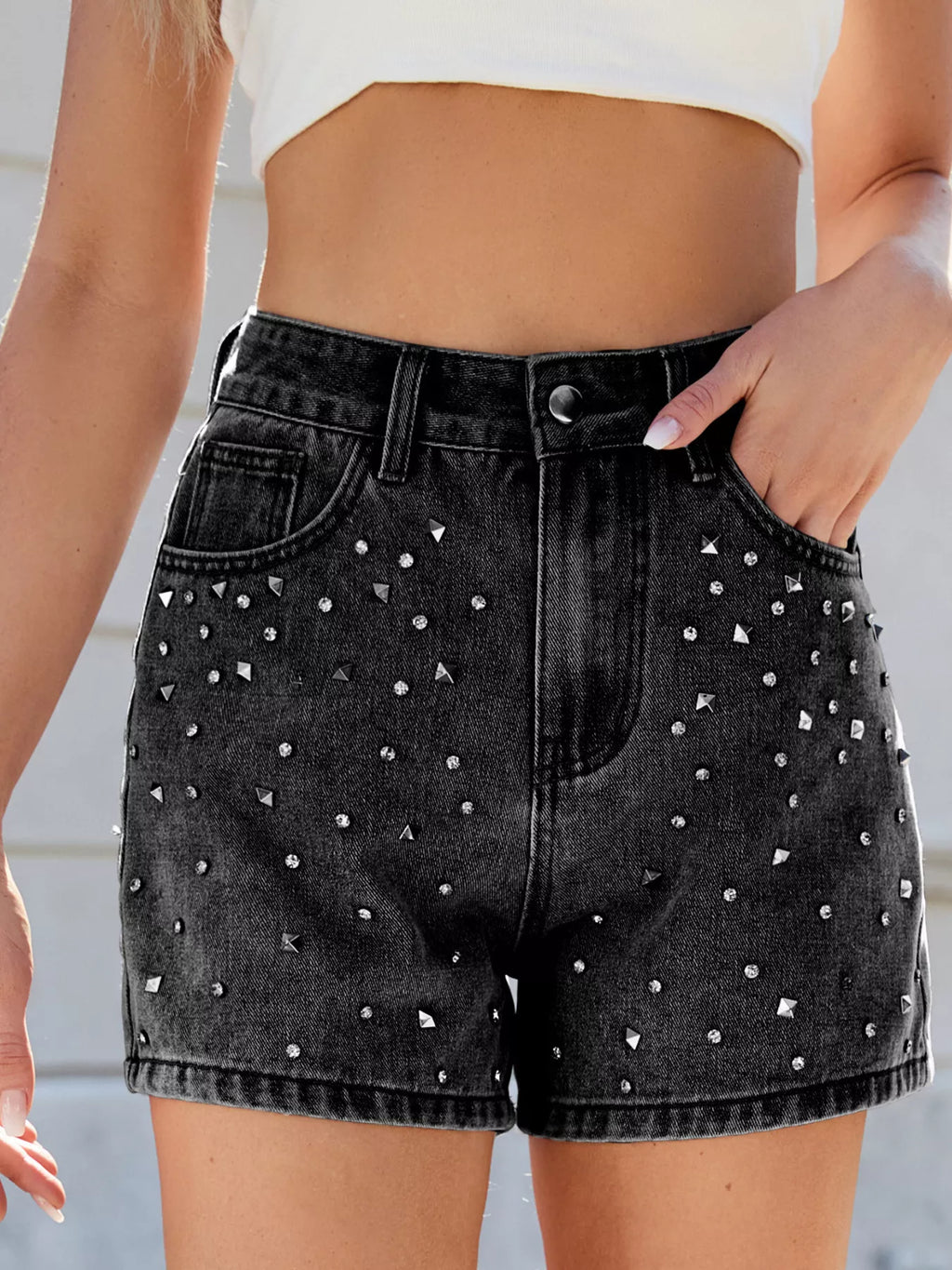 Studded High Waist Denim Shorts