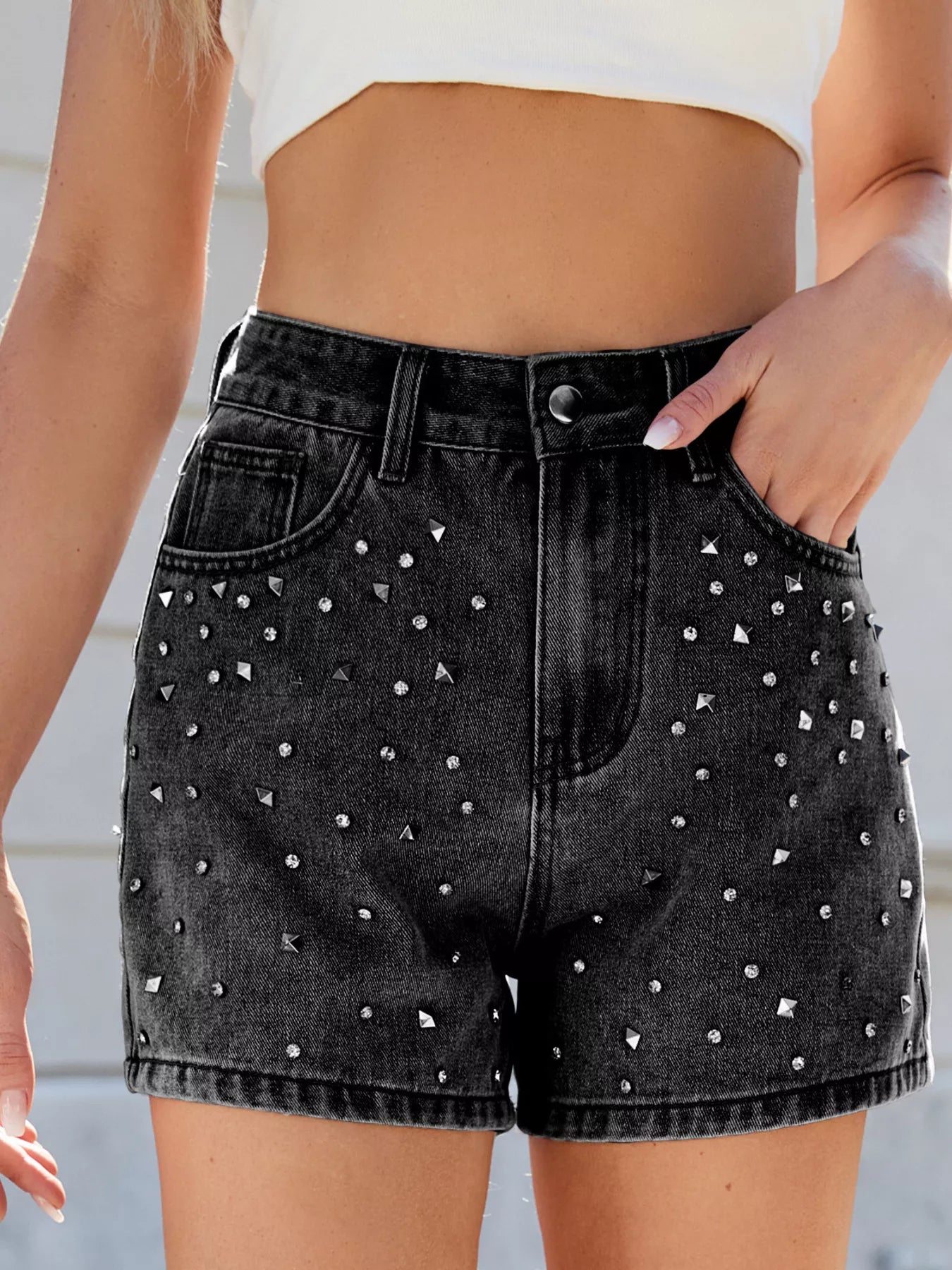 Studded High Waist Denim Shorts