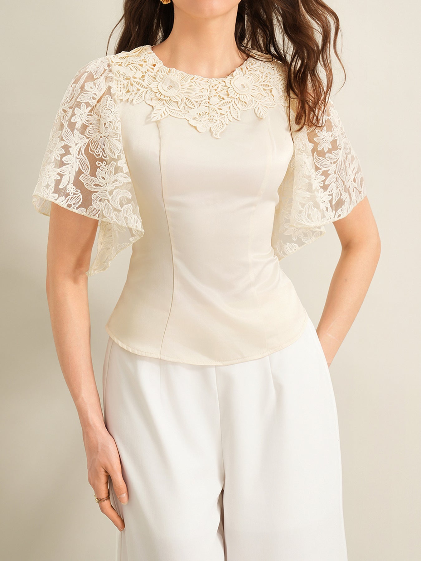 Lace Trimmed Short Sleeve Blouse