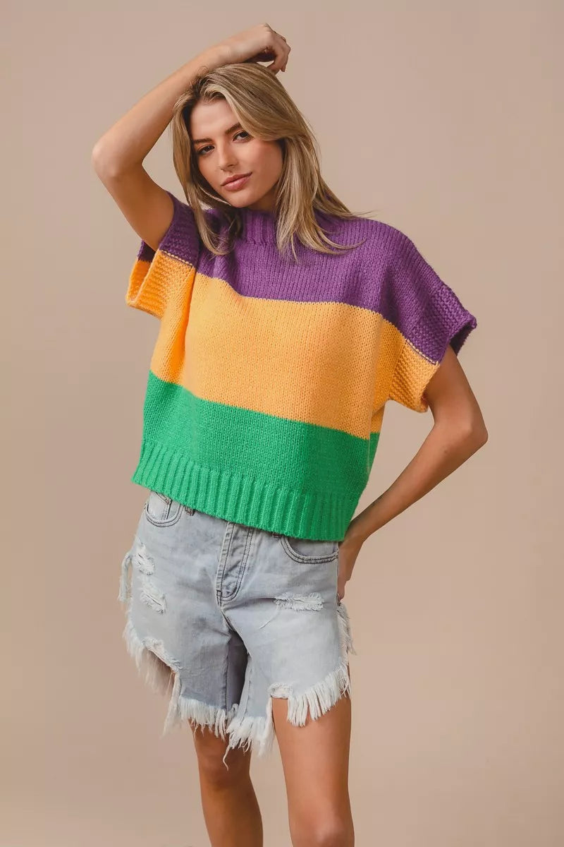 BiBi Mardi Gras Color Block Drop Shoulder Sweater Top