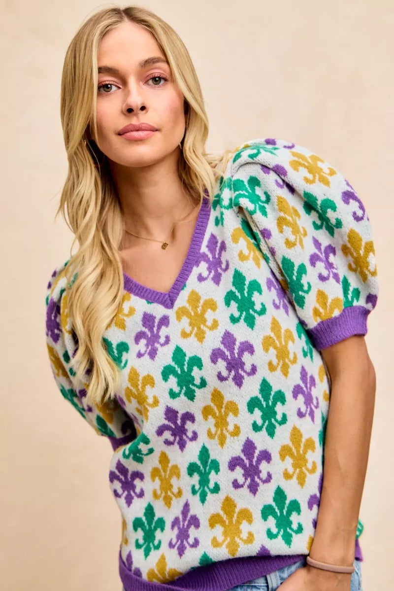 BiBi Mardi Gras Fleur De Lis Patterned V Neck Knit Top