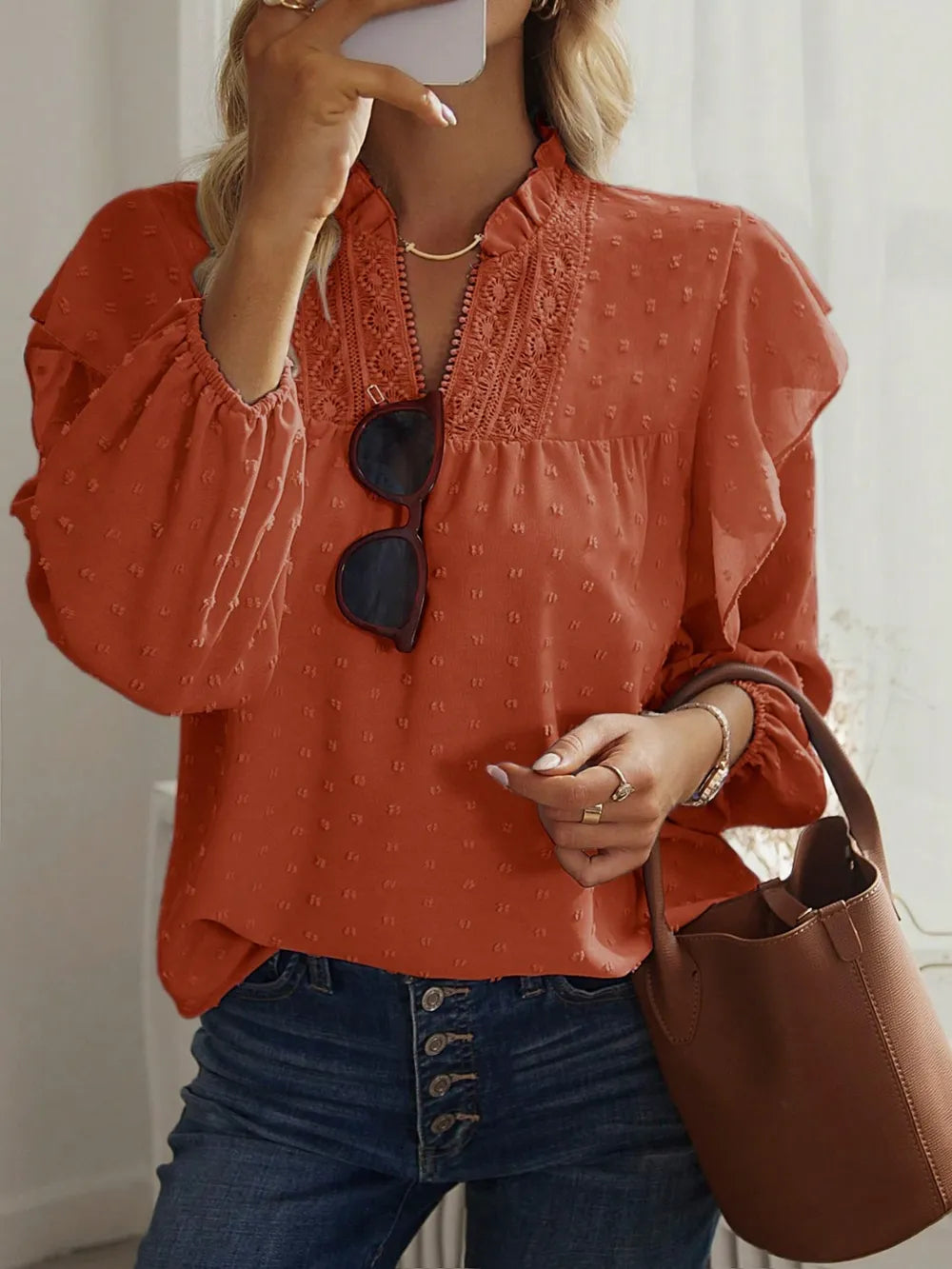 Swiss Dot Ruffled Long Sleeve Blouse