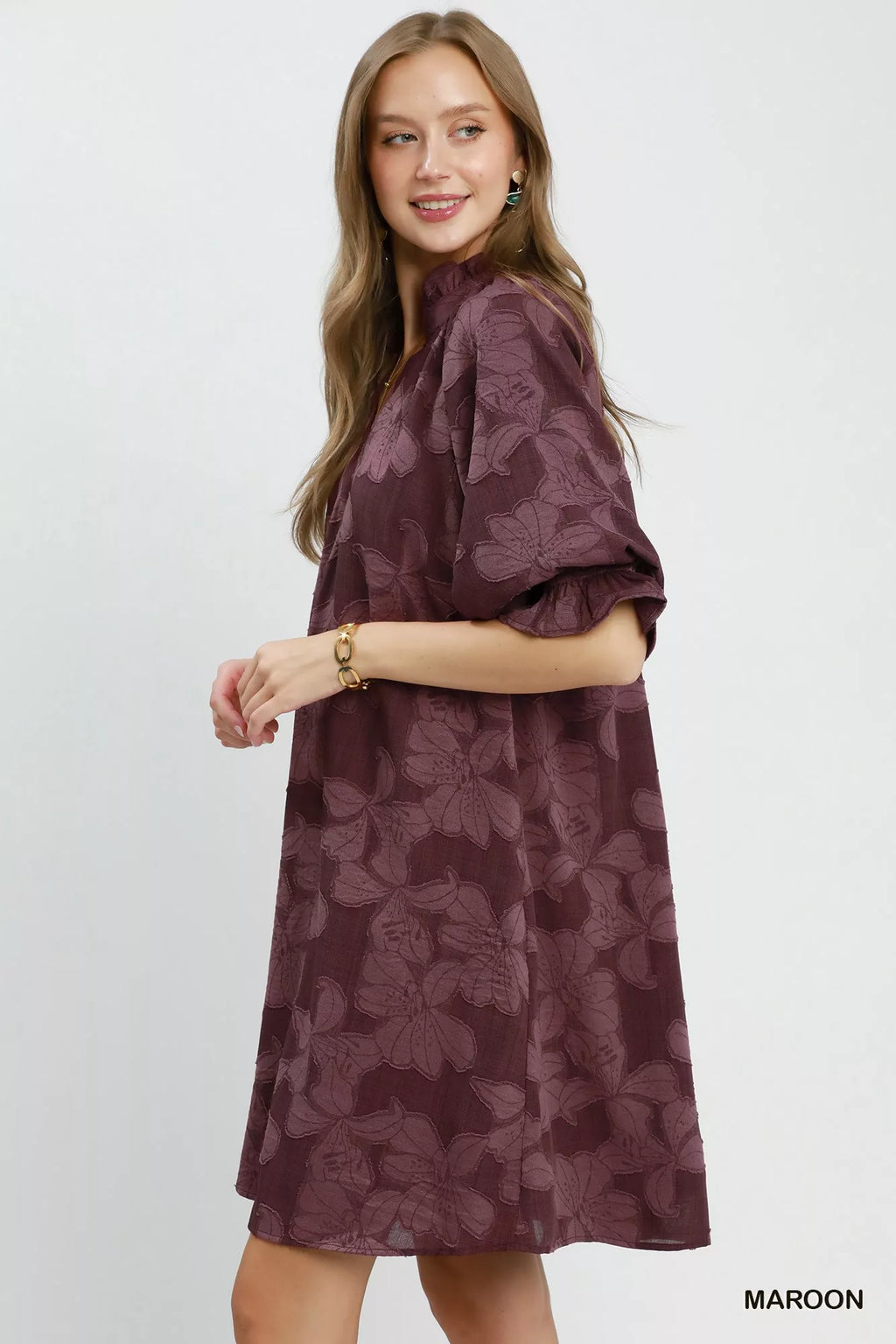Umgee Floral Textured Jacqaurd V-Neck Dress