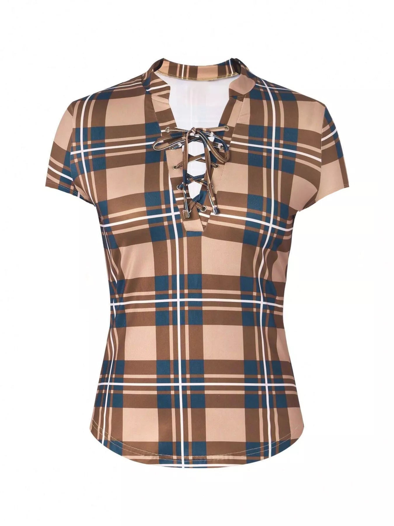 Plaid Lace-Up Short Sleeve Blouse