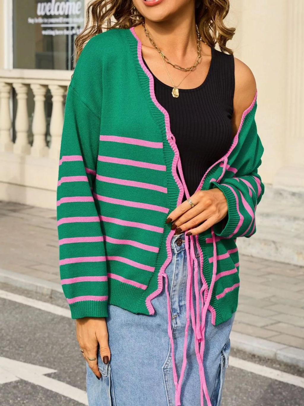 Striped Tie Front Knit Cardigan
