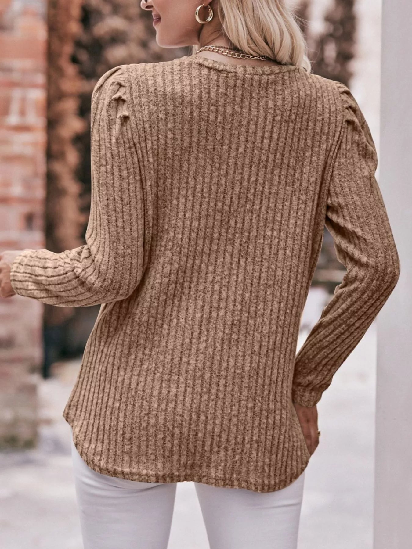 Ribbed Knit Puff Sleeve T-Shirt