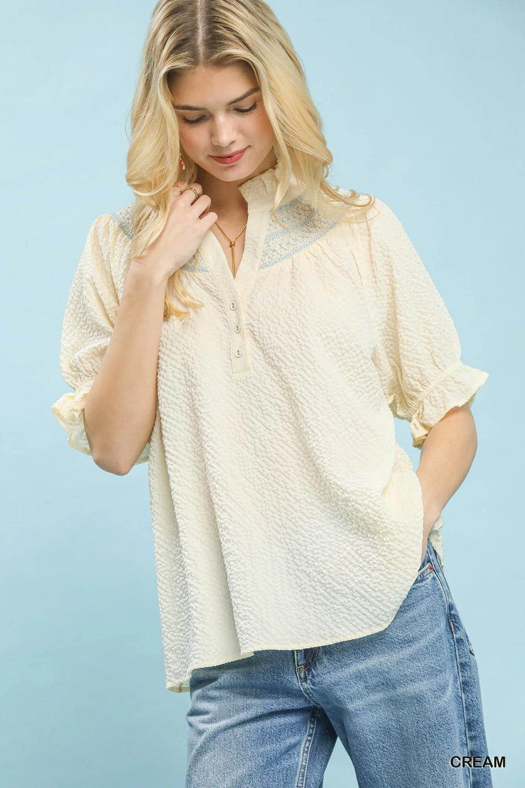 Umgee Textured Henley Blouse with Ruffle Cuffs