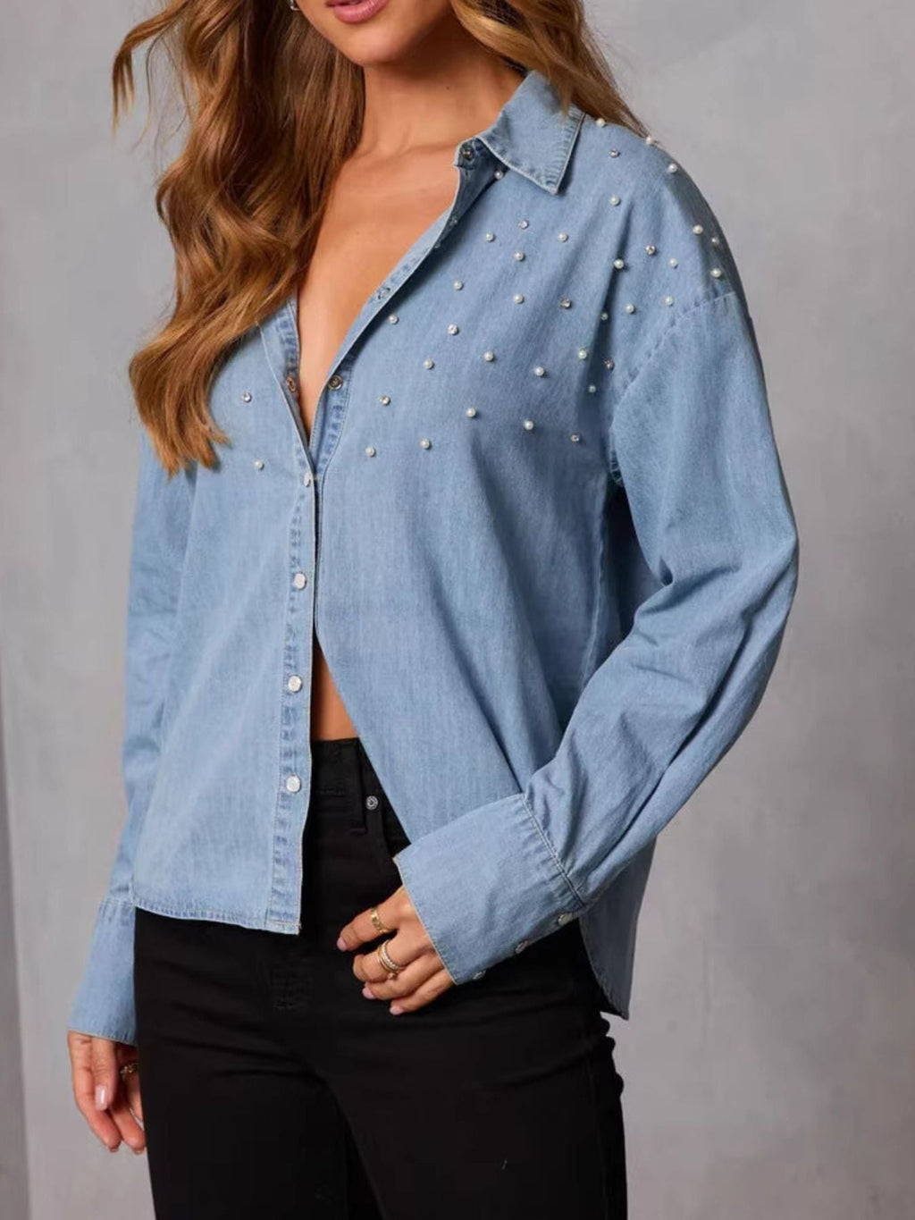 Pearl Embellished Button Up Denim Shirt
