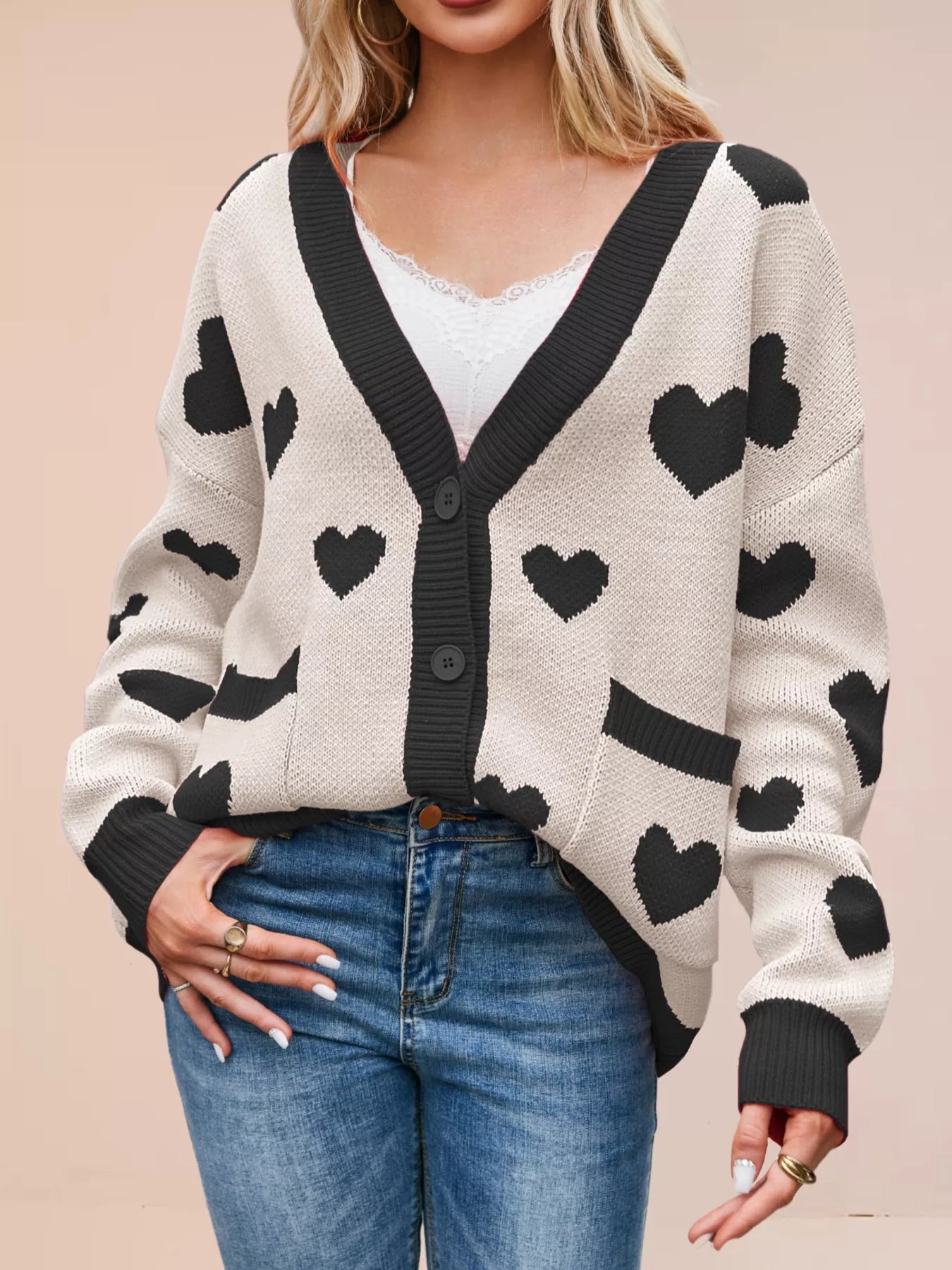 Heart Pattern Button-Up Knit Cardigan