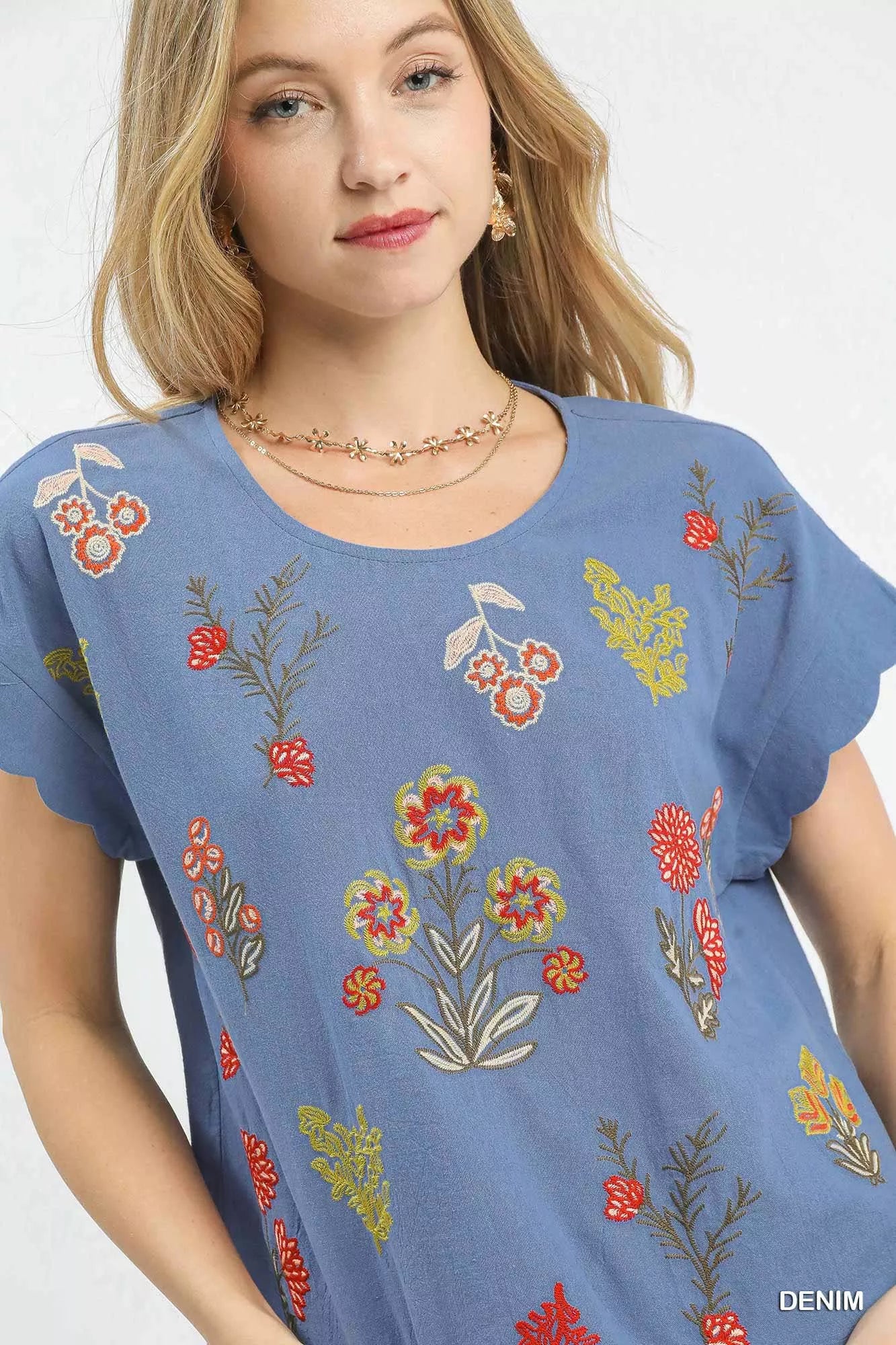 Umgee Embroidered Scallop Sleeve Top with Drawstring Hem