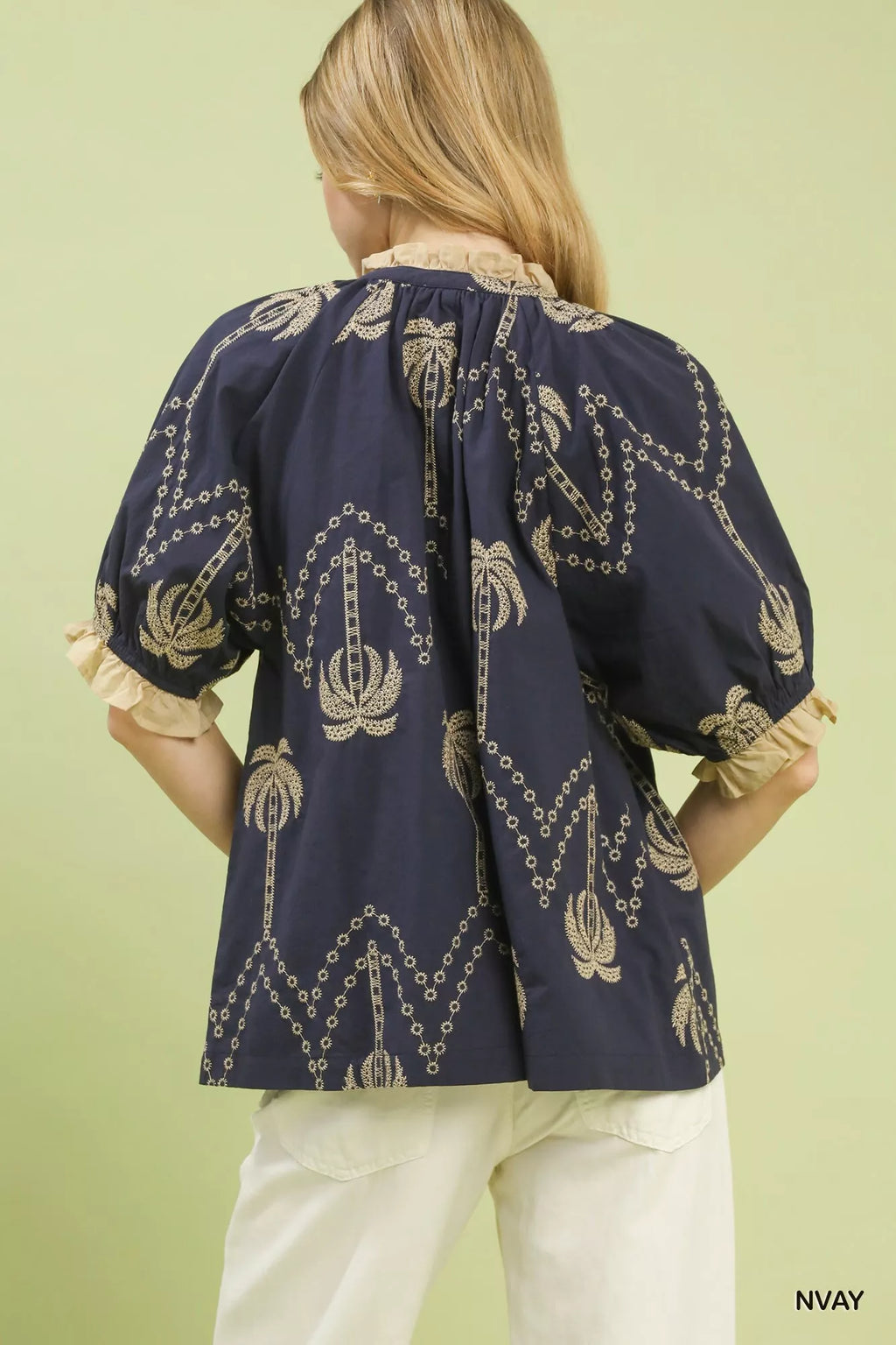 Umgee Embroidered Palm Print Tassel Tie Blouse