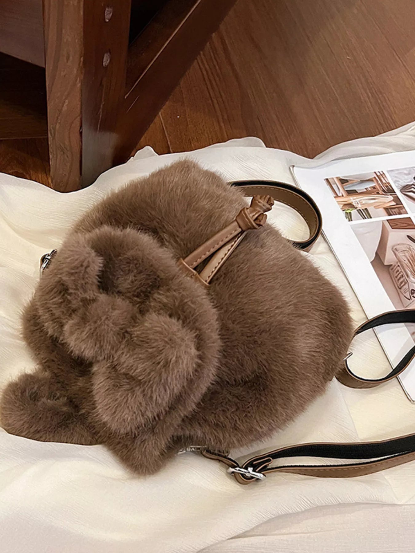Fuzzy Plush Drawstring Backpack Bag