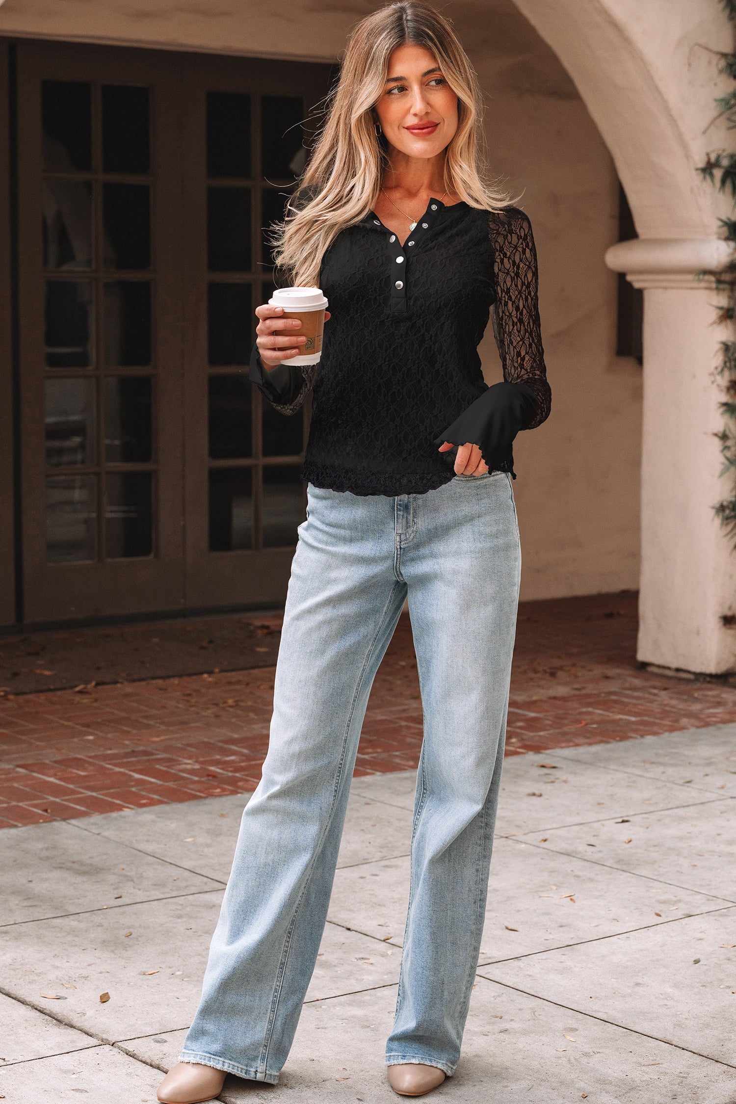 Lace Sheer Long Sleeve Henley Top