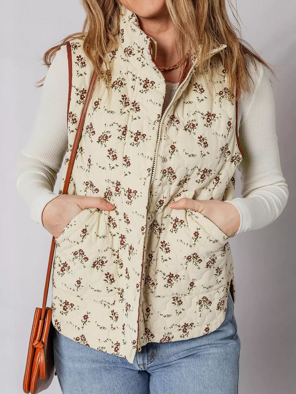 Floral Print Zip Up Quilted Vest