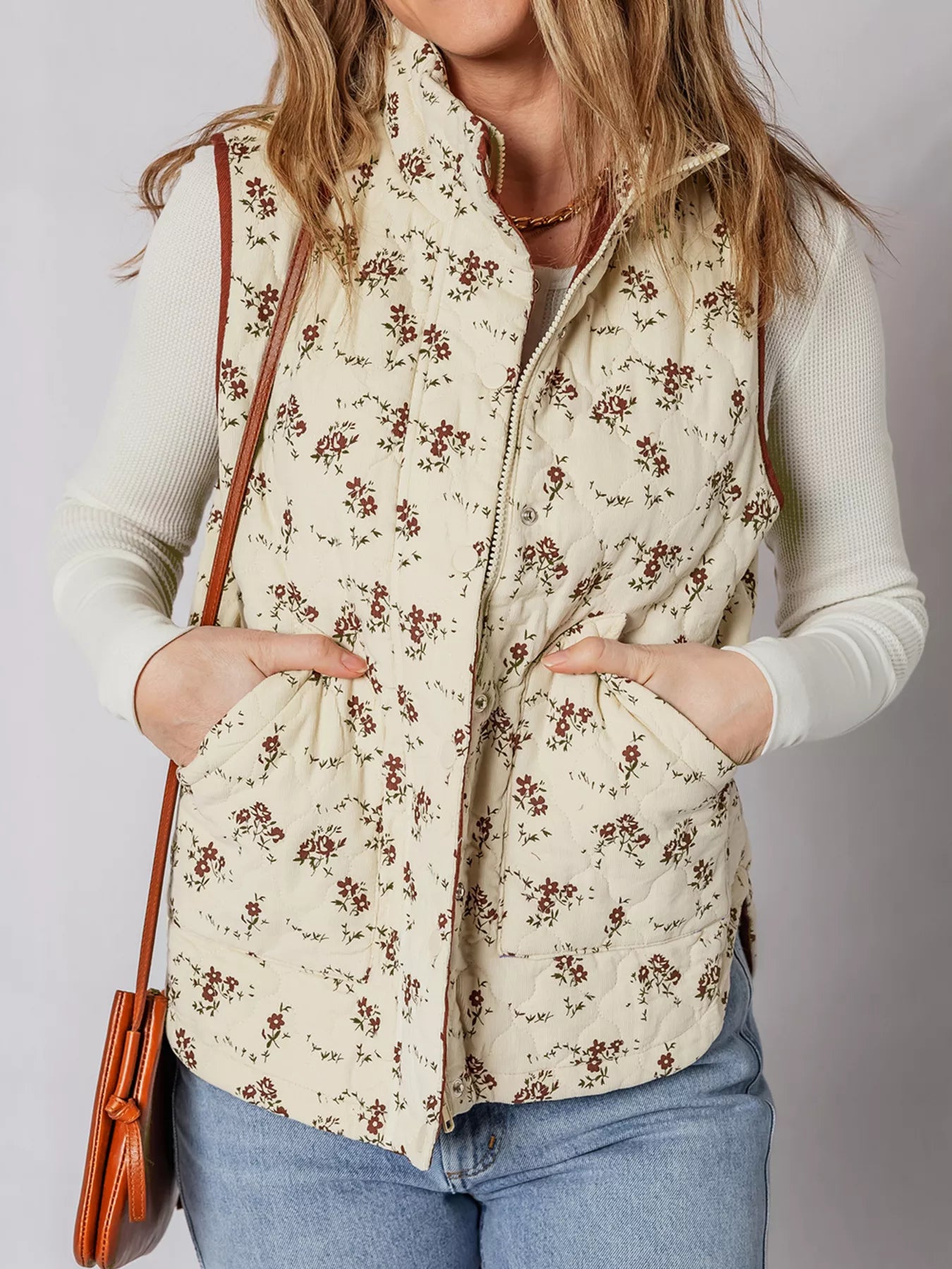 Floral Print Zip Up Quilted Vest