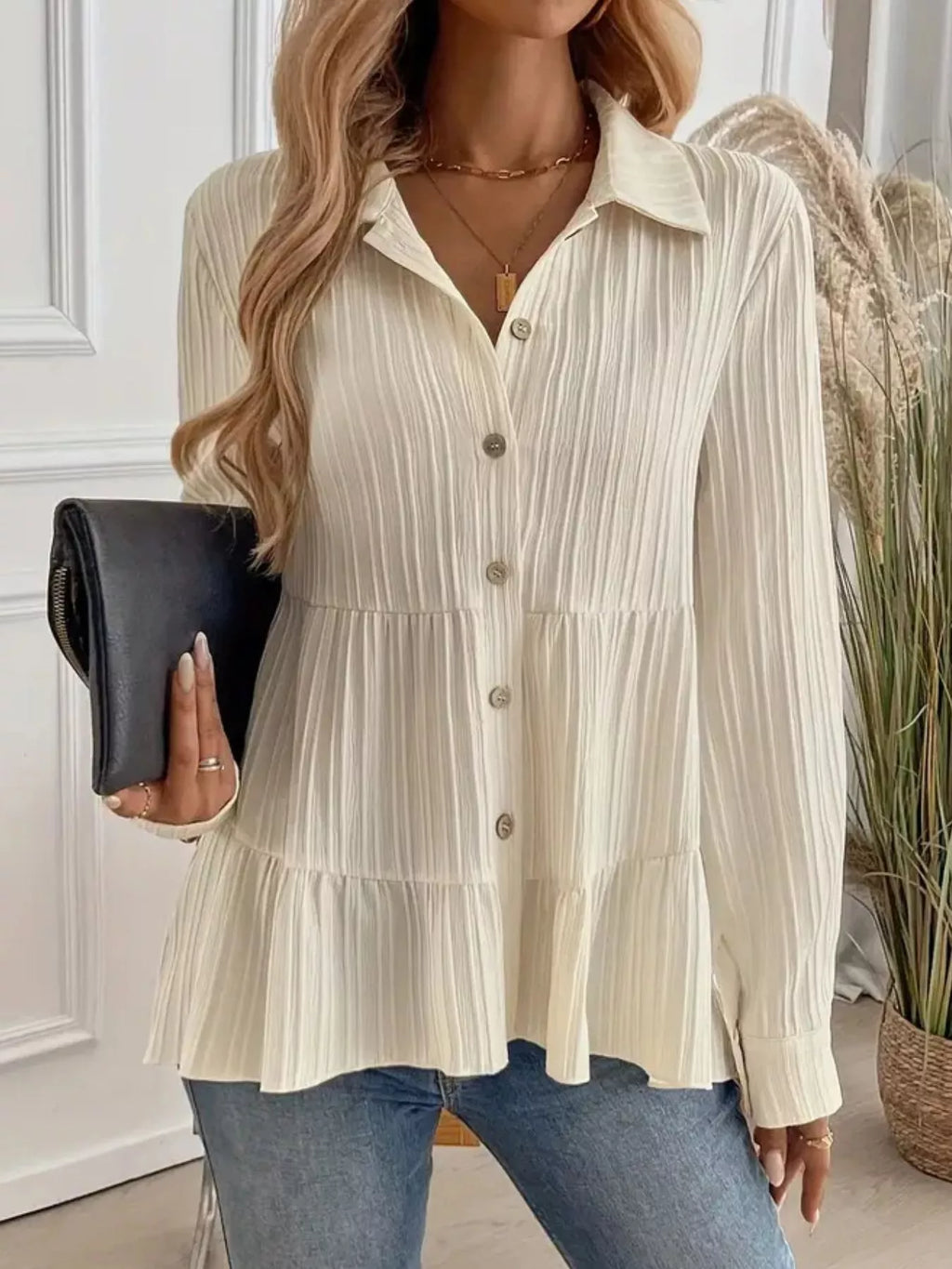Button-Down Long Sleeve Tiered Shirt