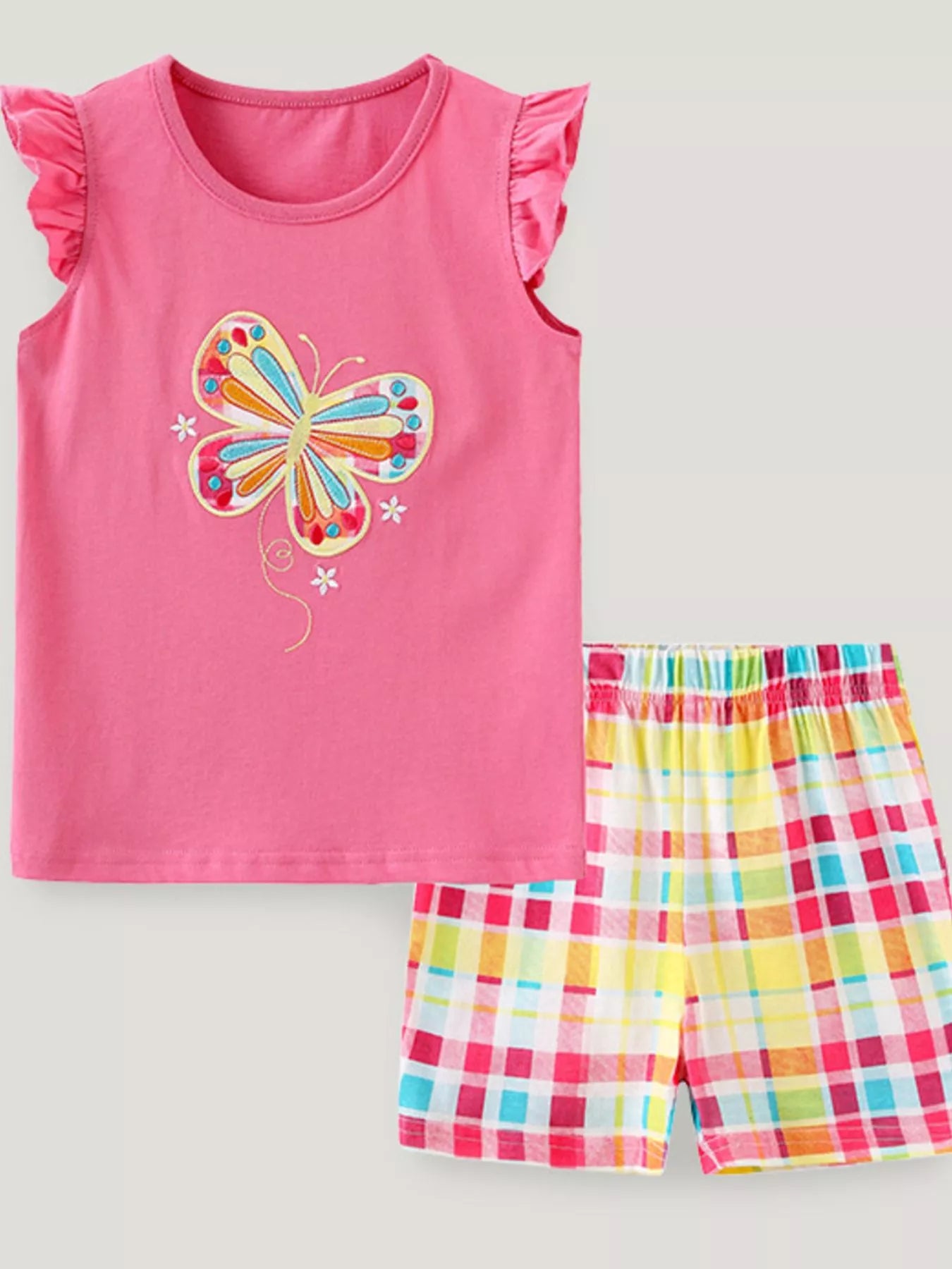 Children's Butterfly Flutter Sleeve Top and Plaid Shorts Set