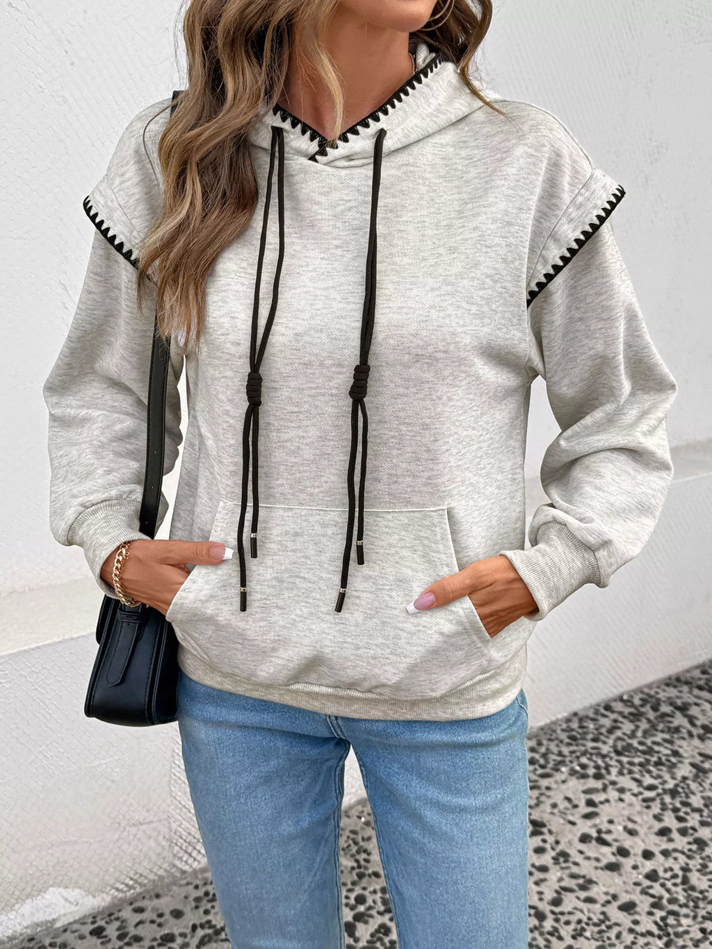 Contrast Trim Drawstring Hoodie with Kangaroo Pocket