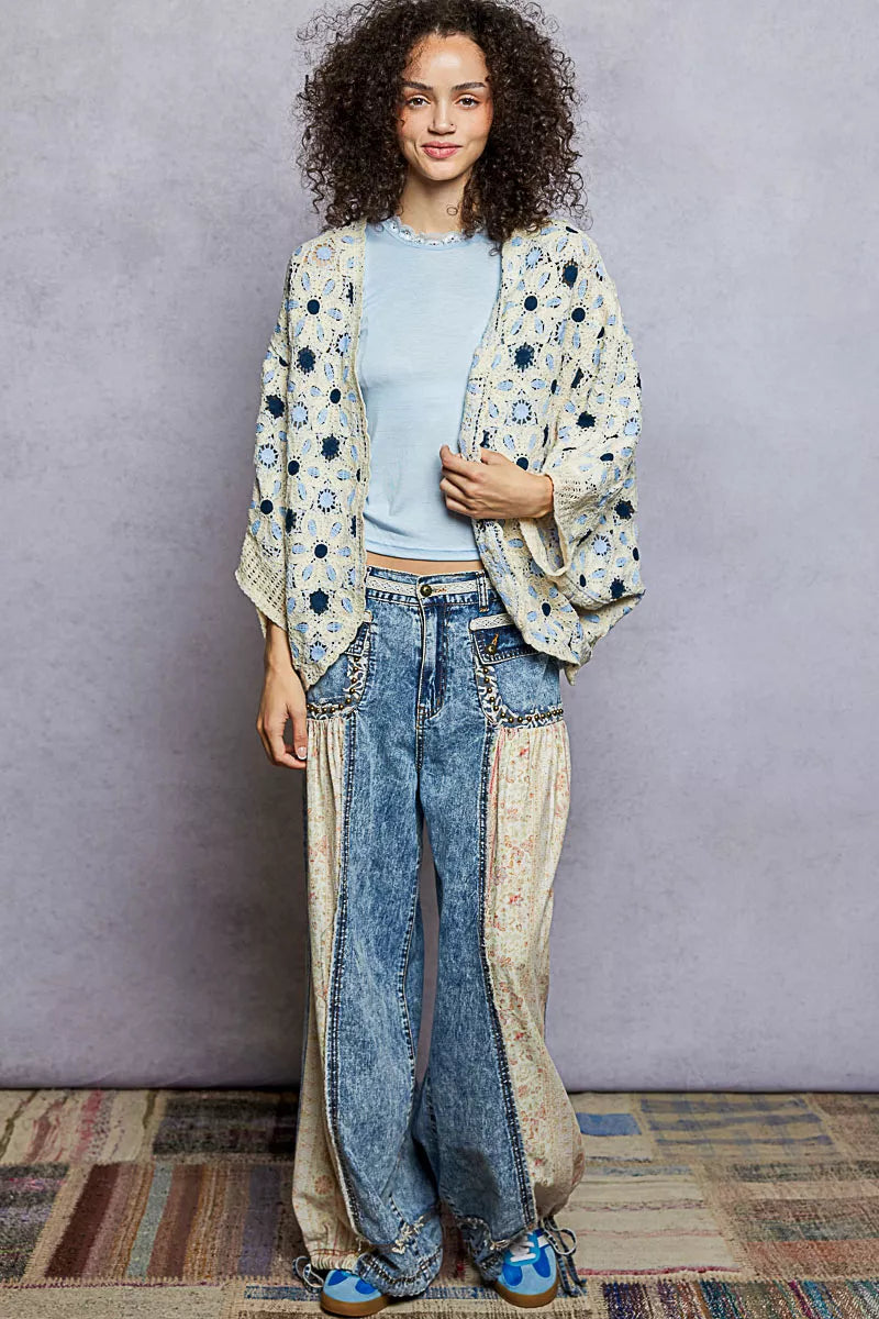 POL Open Front Floral Pattern Crochet Cardigan