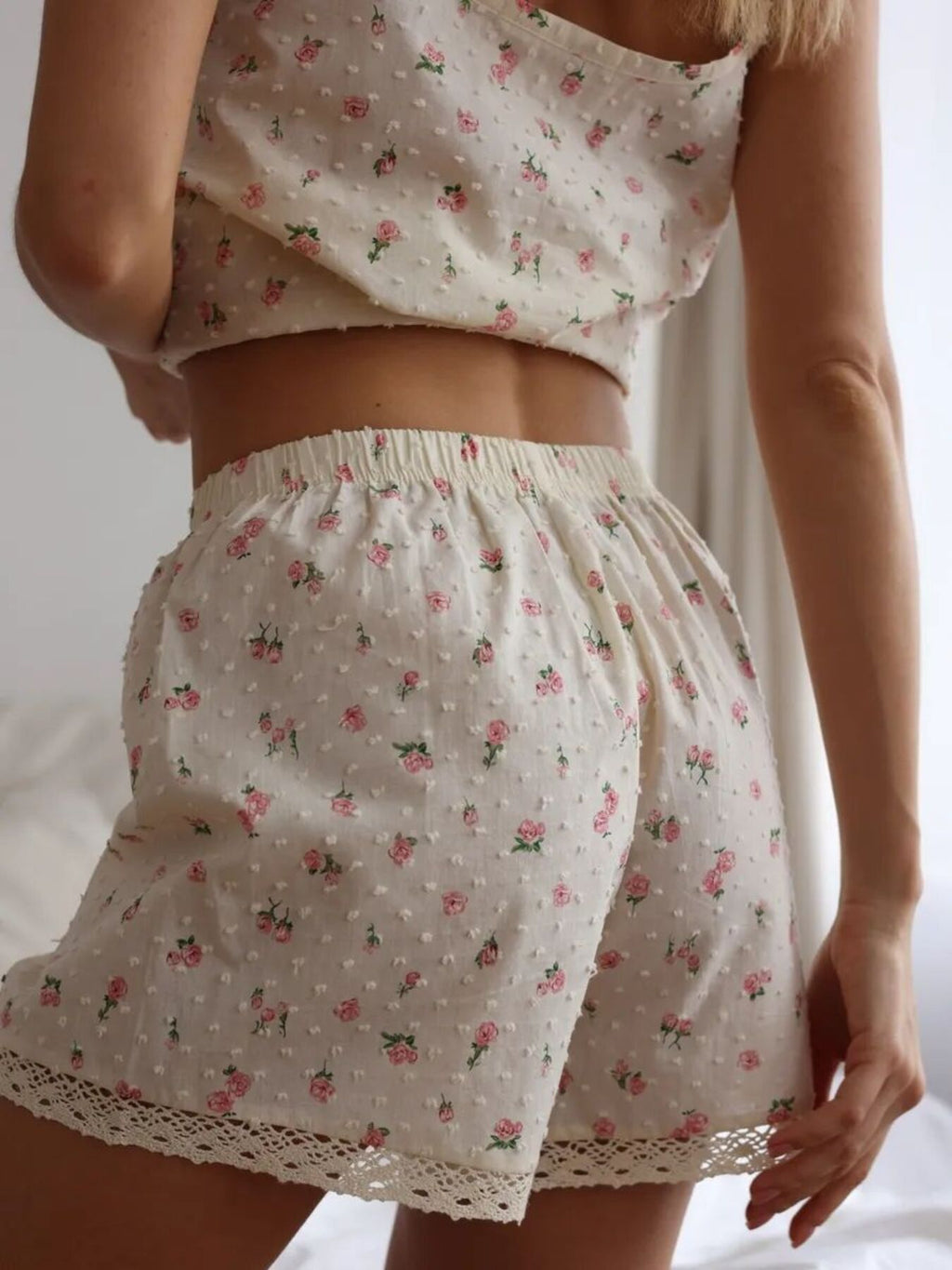Floral Print Lace Trim Cami and Shorts Set