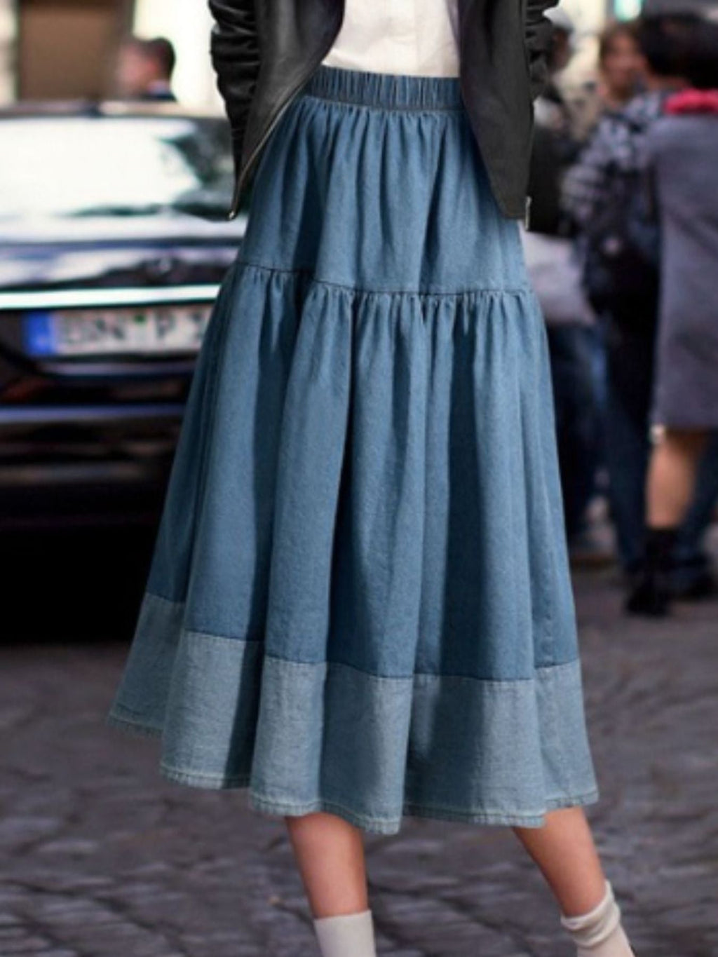 Tiered Denim Midi Skirt