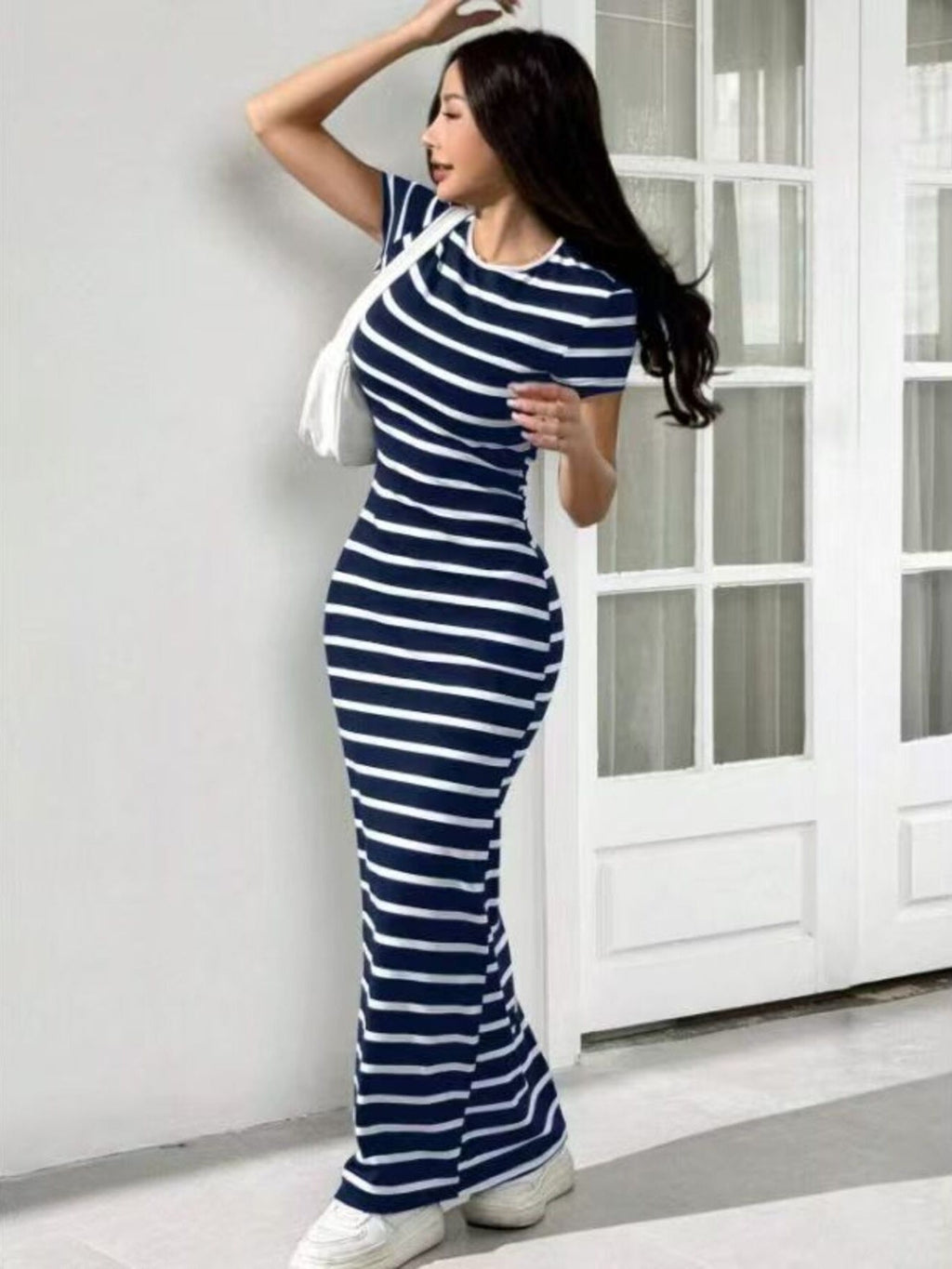 Striped Round Neck Bodycon Maxi Dress
