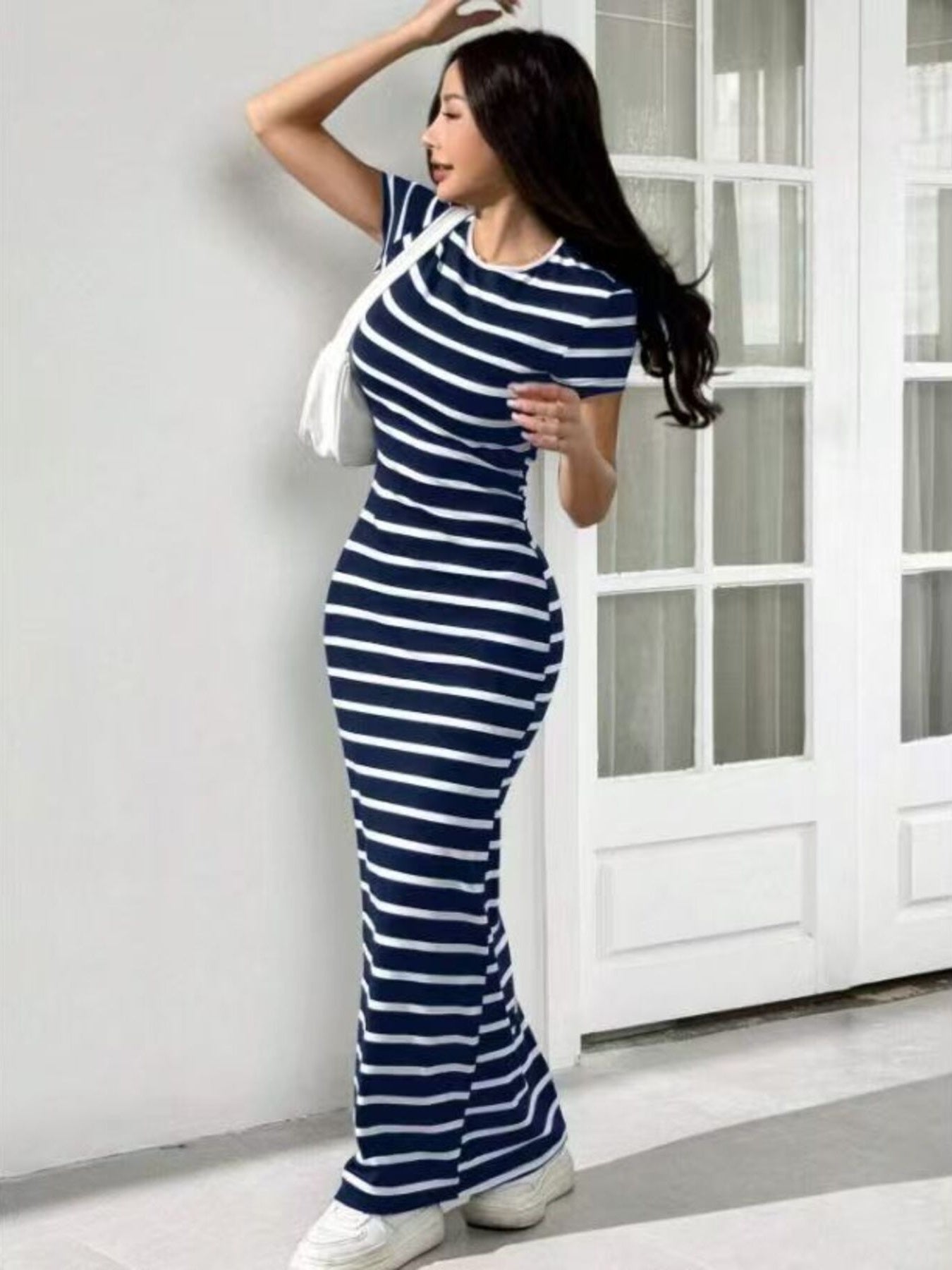 Striped Round Neck Bodycon Maxi Dress