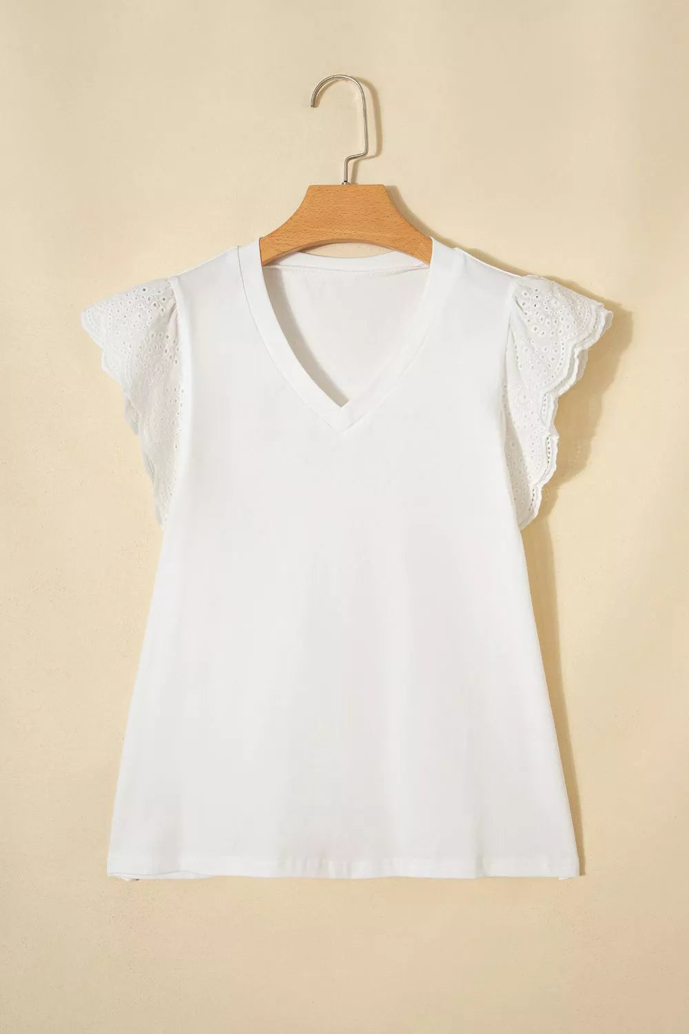 Eyelet Embroidered Flutter Sleeve Patchwork V Neck Tee