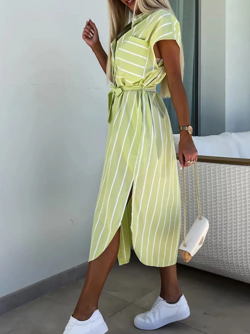 Striped Tie Waist Short Sleeve Dress