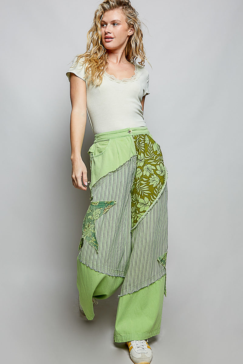 POL Striped Floral Patchwork Wide leg Pants with Side Big Star Patch