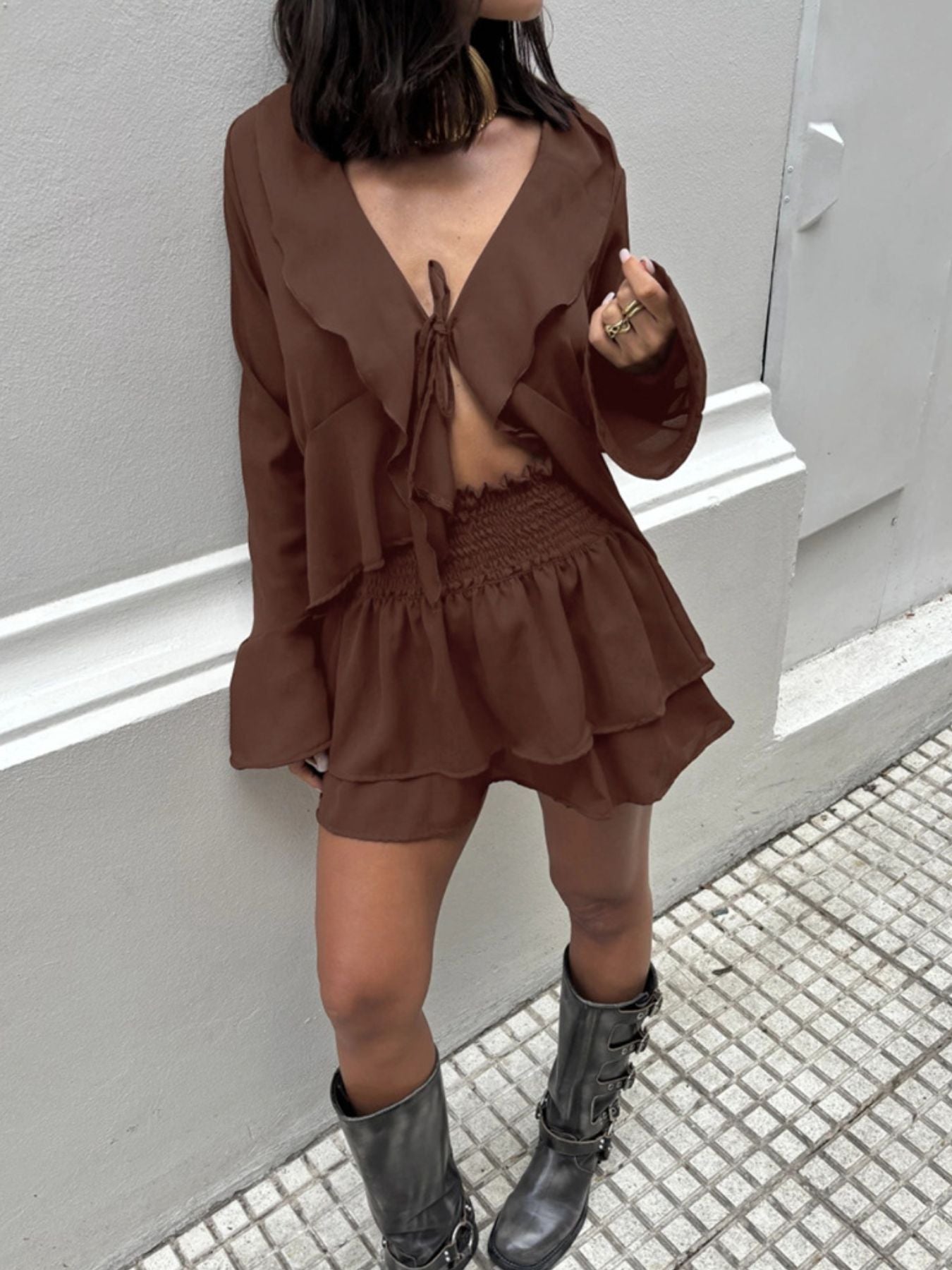 Ruffle Trim Top and Skirt Two-Piece Set
