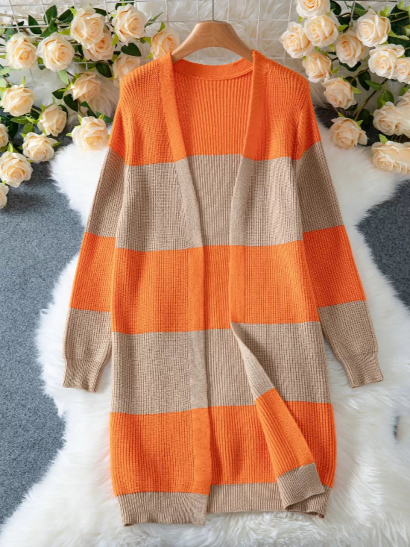 Color Block Open Front Knit Cardigan