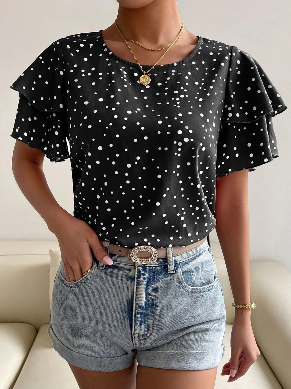 Animal Print Ruffle Sleeve Blouse
