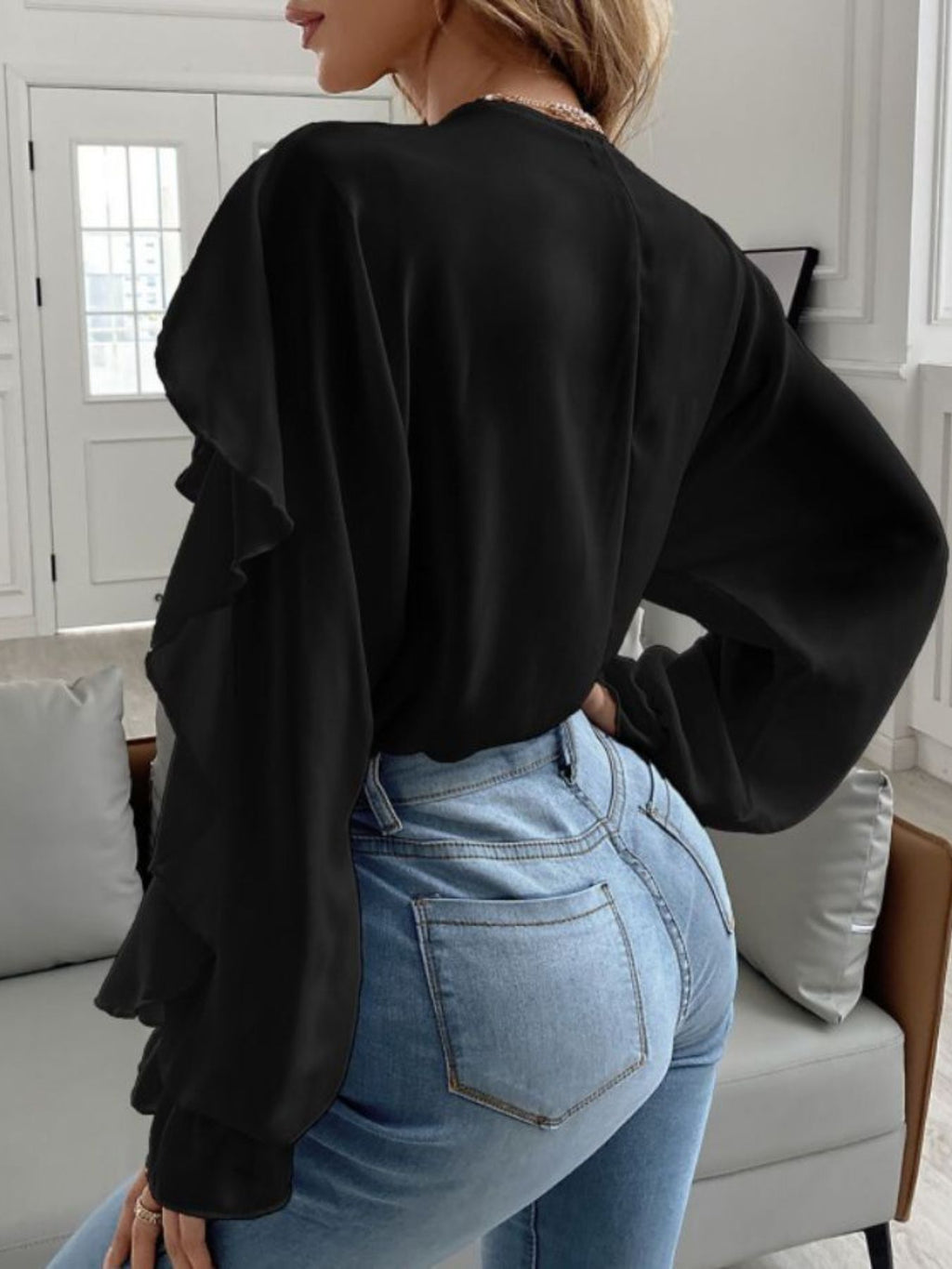 Full Size Ruffle Trim V-Neck Shirt Plus Size