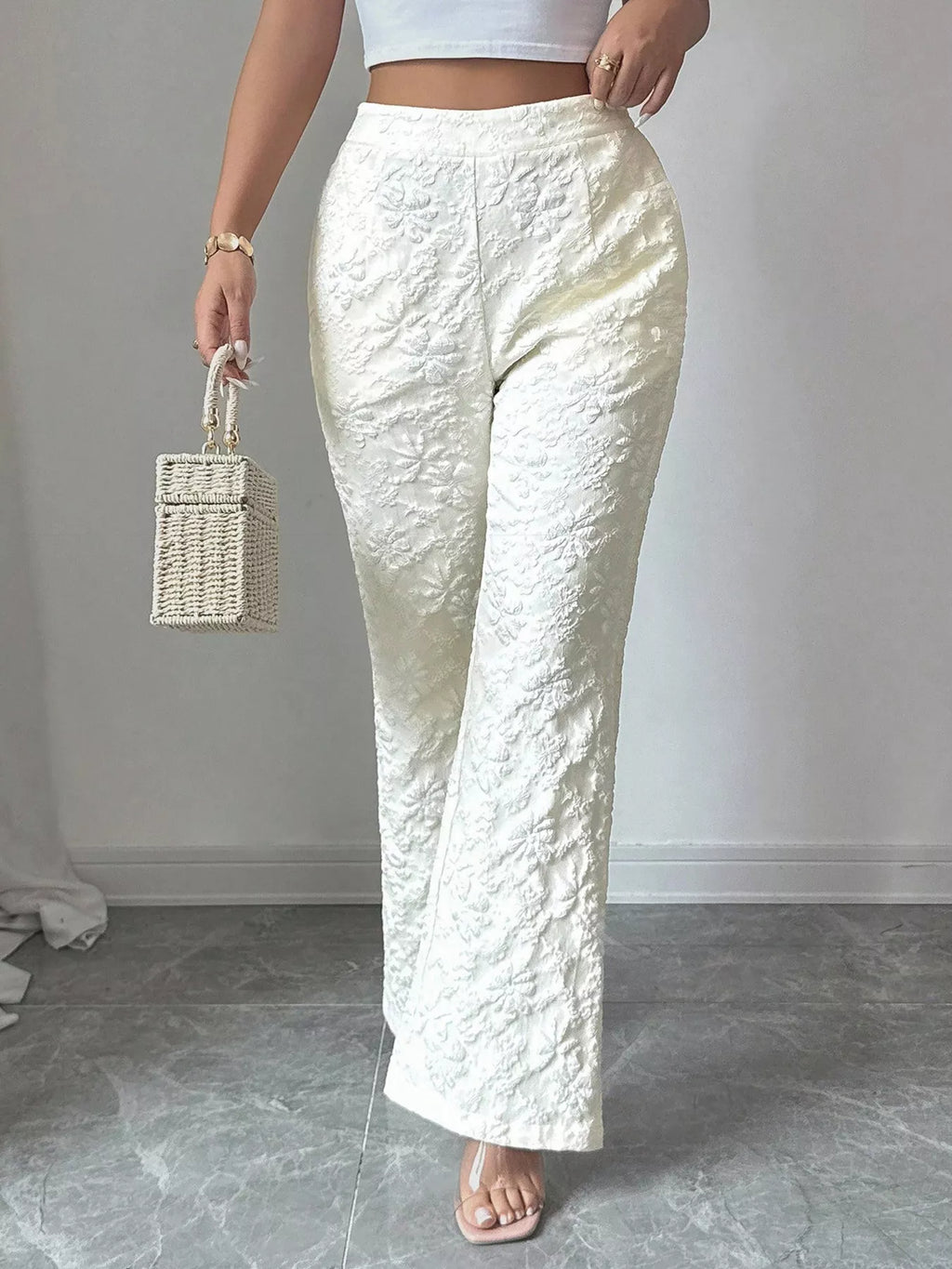 Floral Textured Wide-Leg Pants