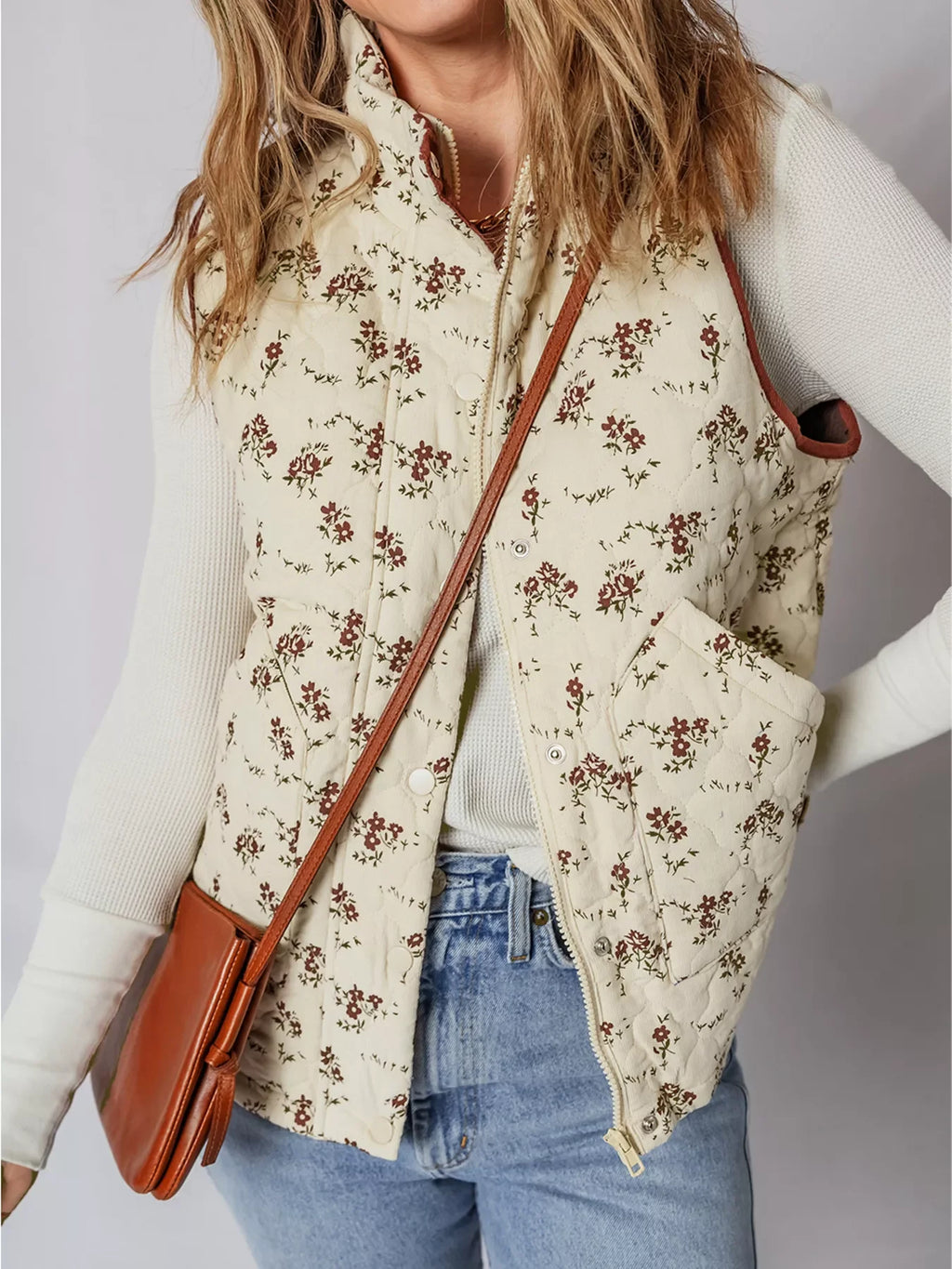 Floral Print Zip Up Quilted Vest