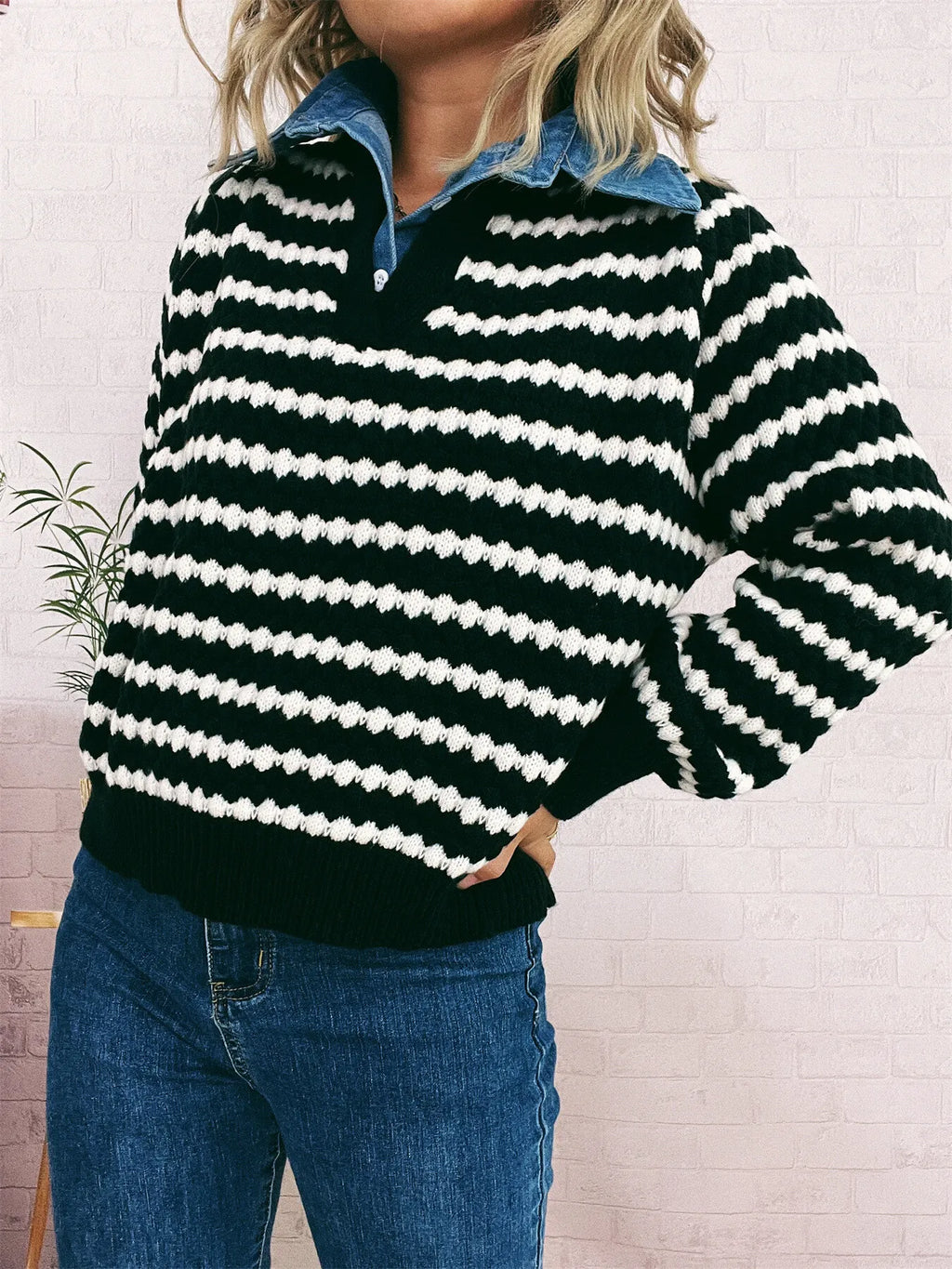 Contrast Striped Sweater with Denim Collar
