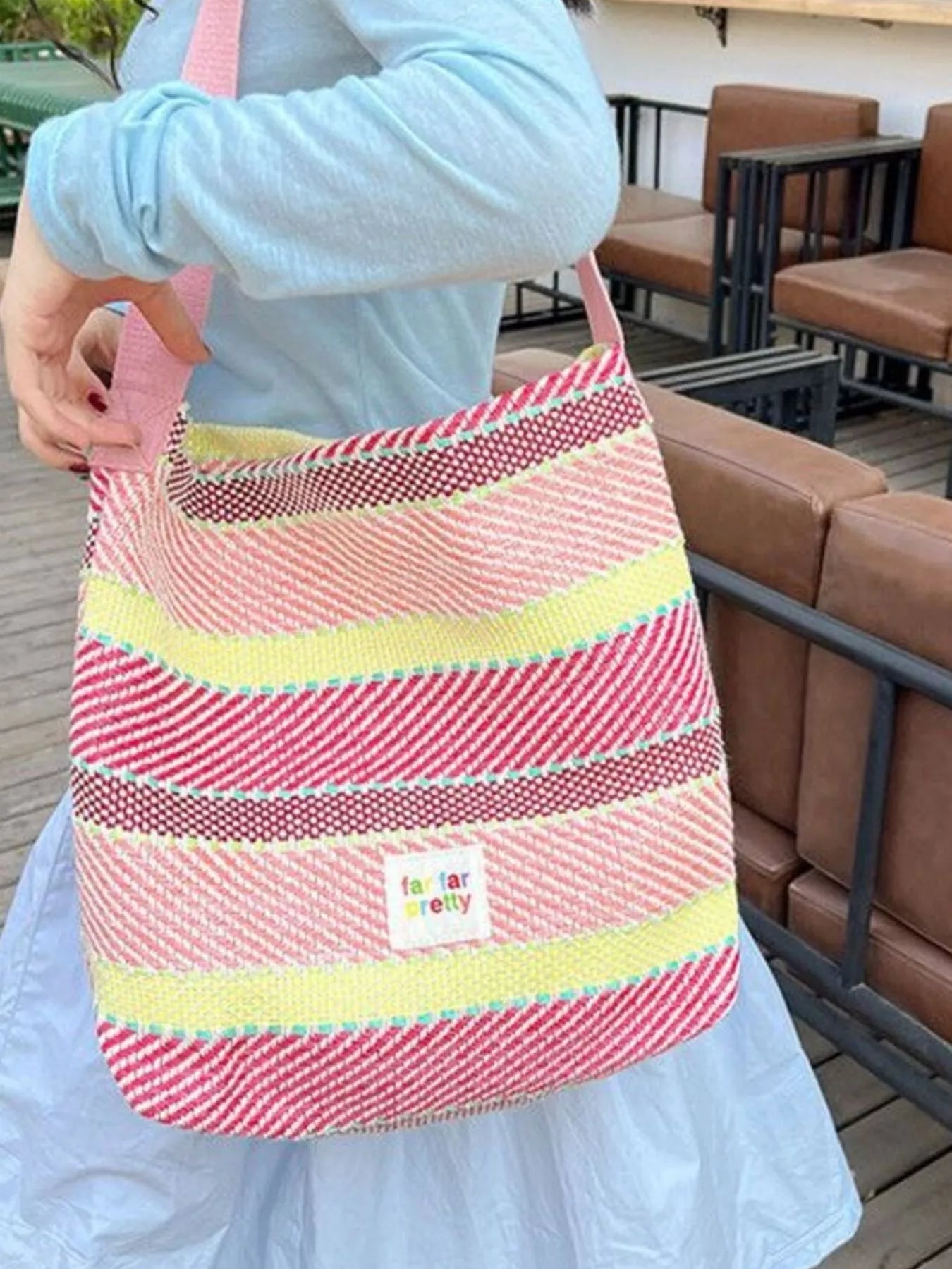 Striped Woven Shoulder Bag with Adjustable Strap