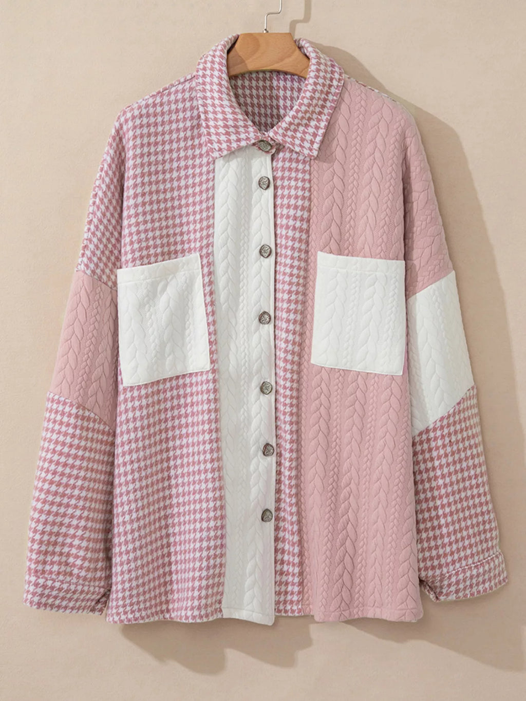 Button Down  Houndstooth Color Block Shacket