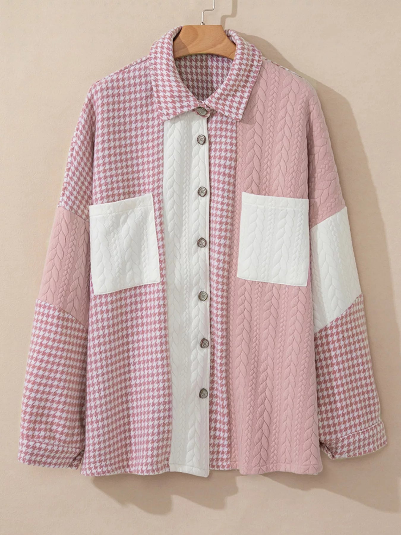 Button Down  Houndstooth Color Block Shacket