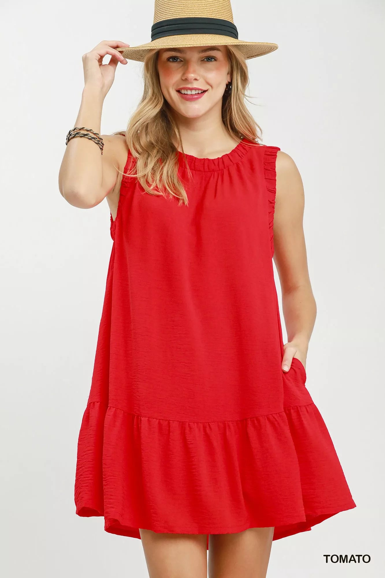 Umgee Sleeveless Ruffle Trim Drop Waist Mini Dress