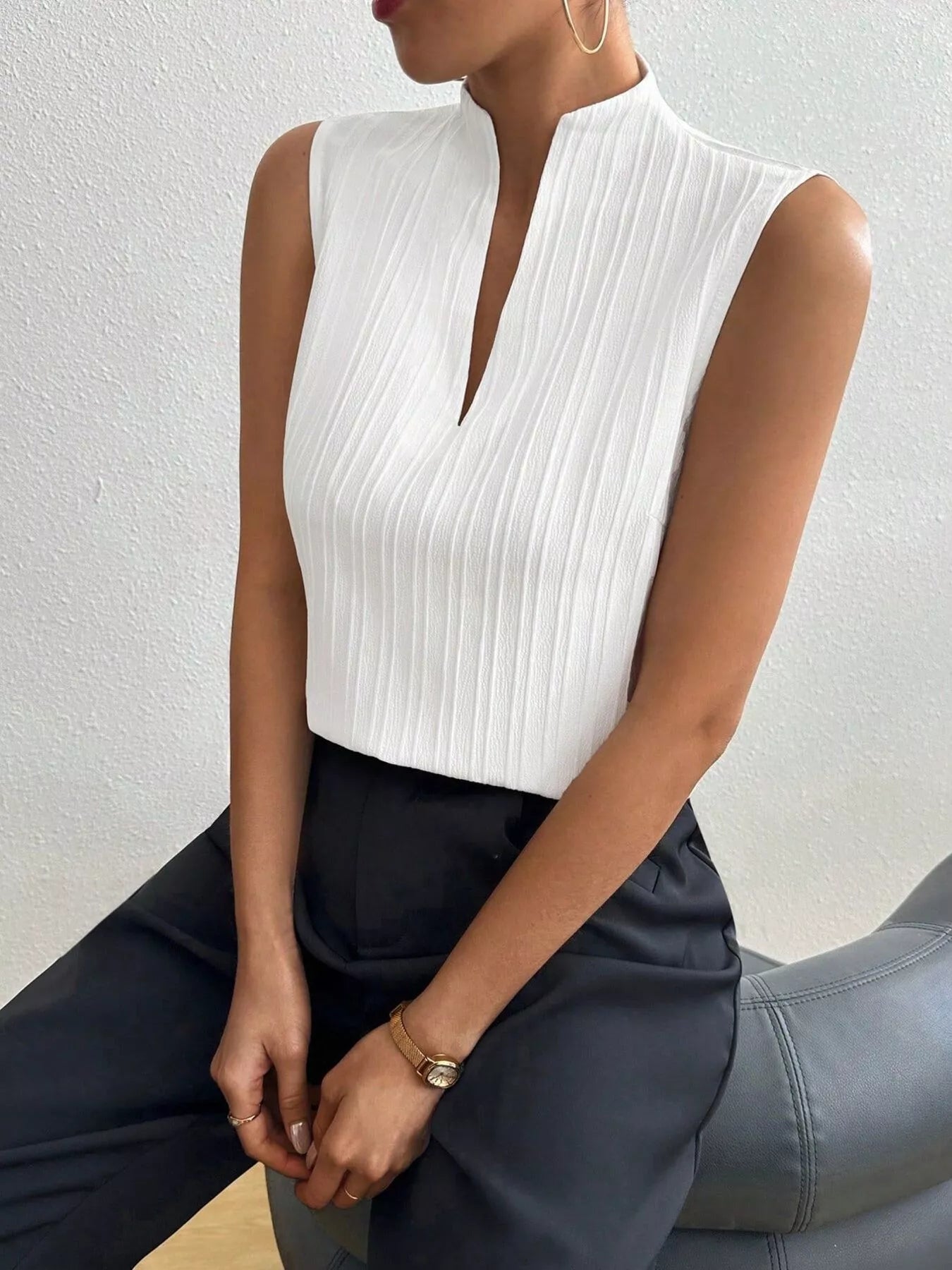 Texture Notched Sleeveless Top
