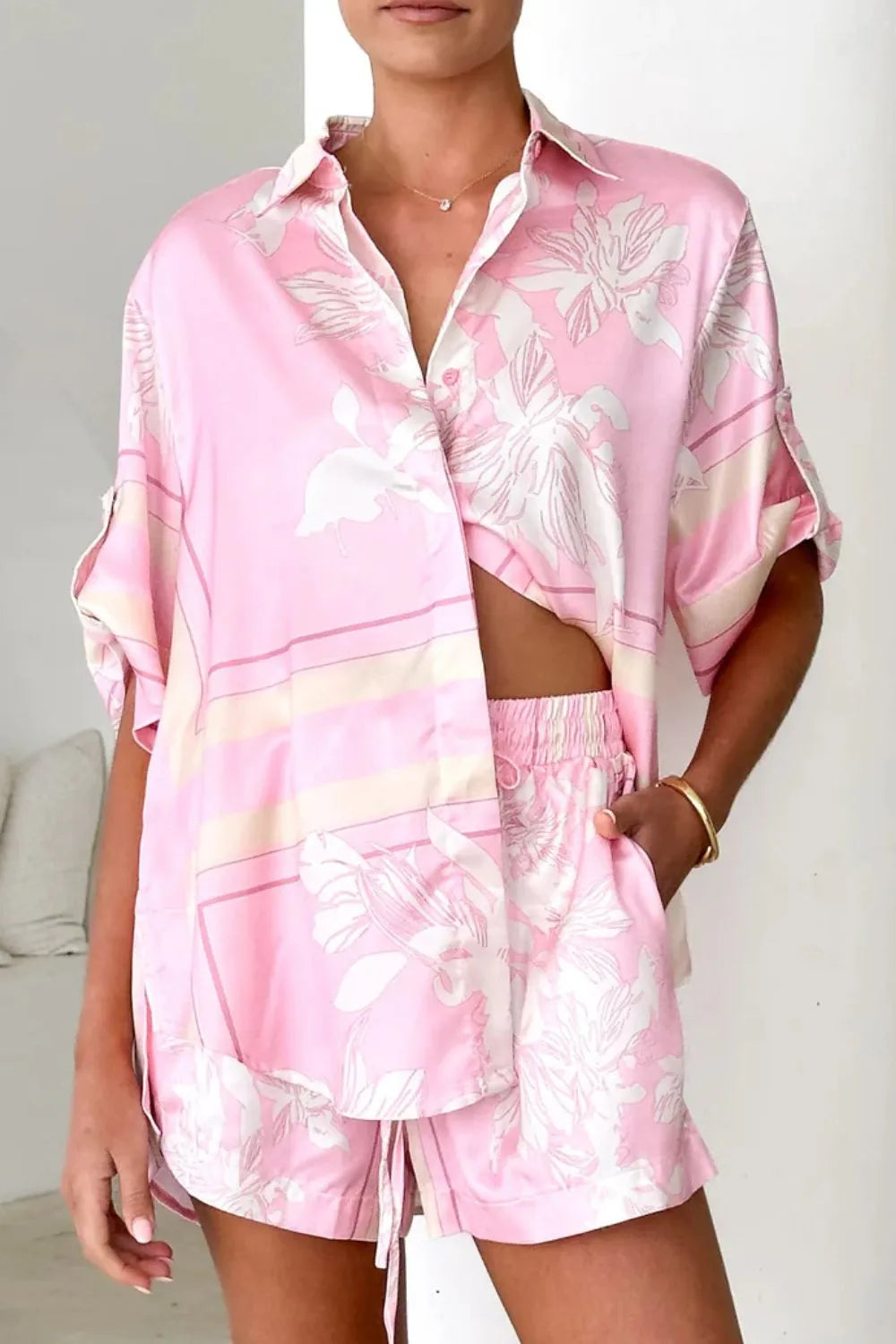 Printed Collared Neck Top and Shorts Set