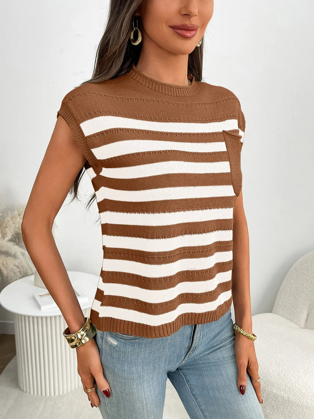 Striped Mock Neck Cap Sleeve Knit Top